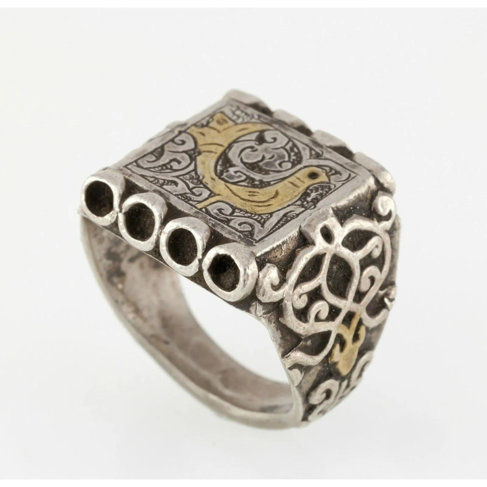 Afghan Hand-Chased Silver Plaque Ring with Brass Accents Sz 7-8