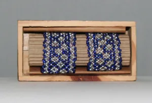 African Beaded Napkin Rings Silver Blue Zulu Tribal Designs Handcrafted Set of 2 South Africa 1" X 2" Handmade Wood Gift Box