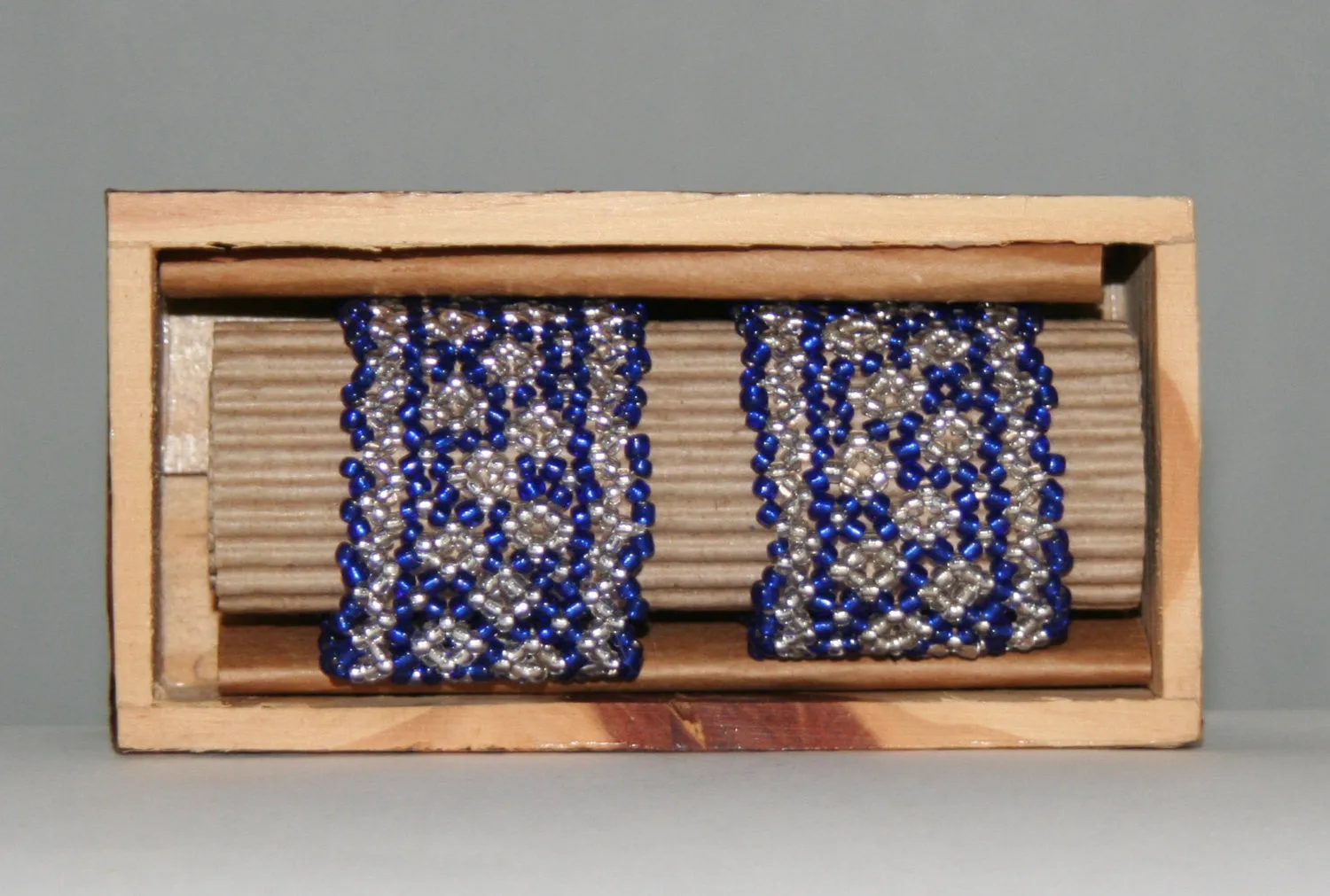 African Beaded Napkin Rings Silver Blue Zulu Tribal Designs Handcrafted Set of 2 South Africa 1" X 2" Handmade Wood Gift Box