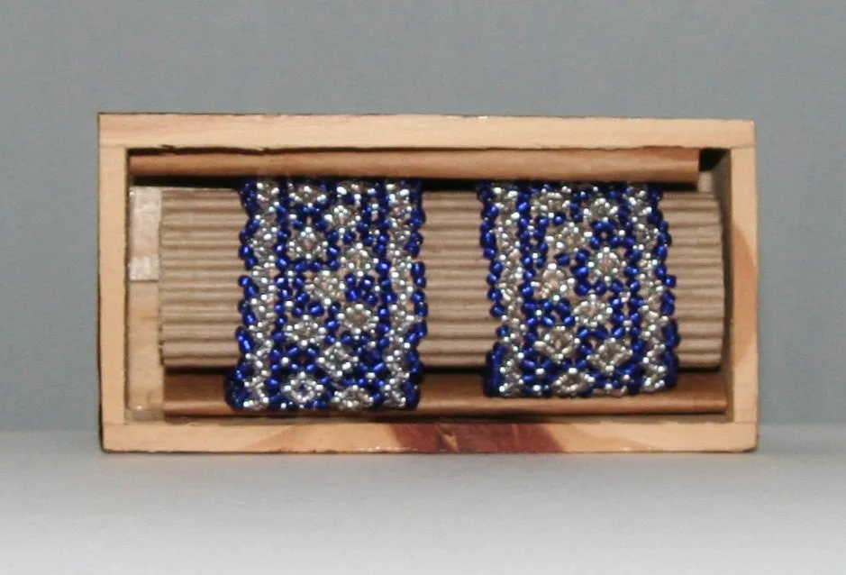African Beaded Napkin Rings Silver Blue Zulu Tribal Designs Handcrafted Set of 2 South Africa 1" X 2" Handmade Wood Gift Box