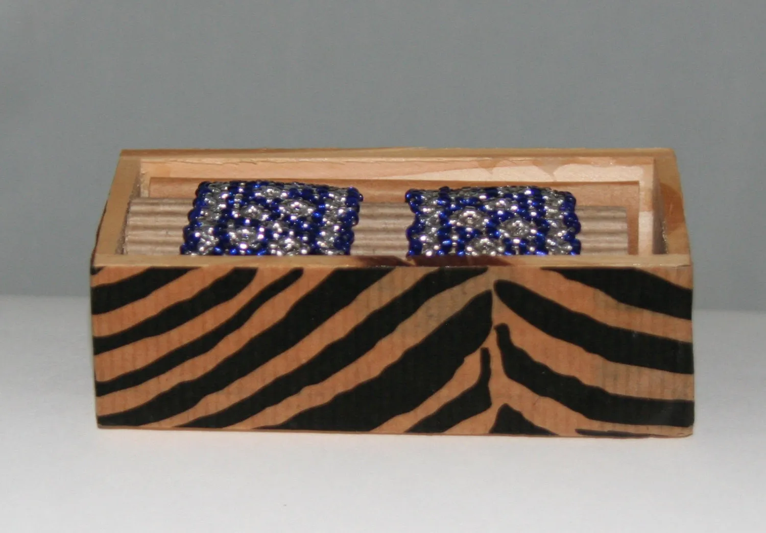 African Beaded Napkin Rings Silver Blue Zulu Tribal Designs Handcrafted Set of 2 South Africa 1" X 2" Handmade Wood Gift Box