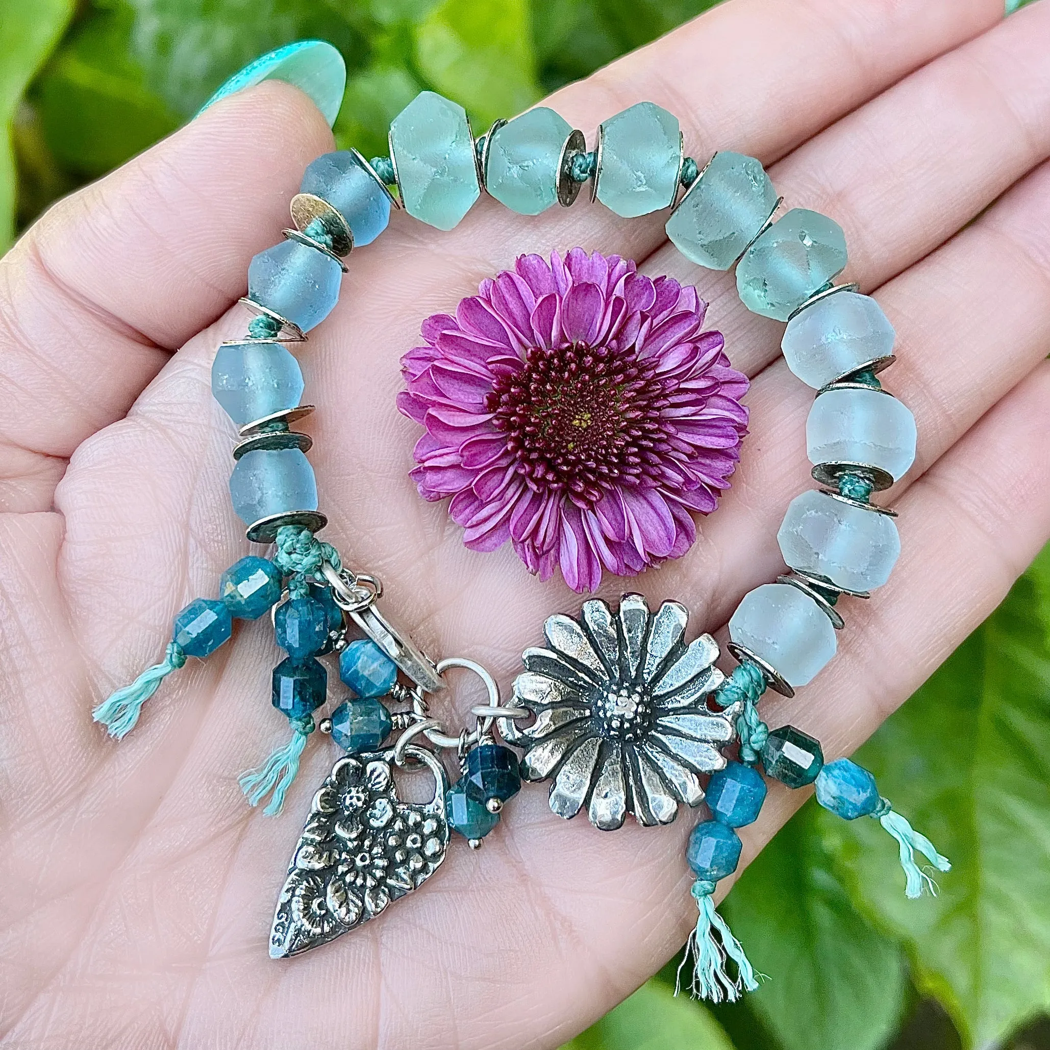 Amazonite and Java Recycled Glass Flower Bracelet