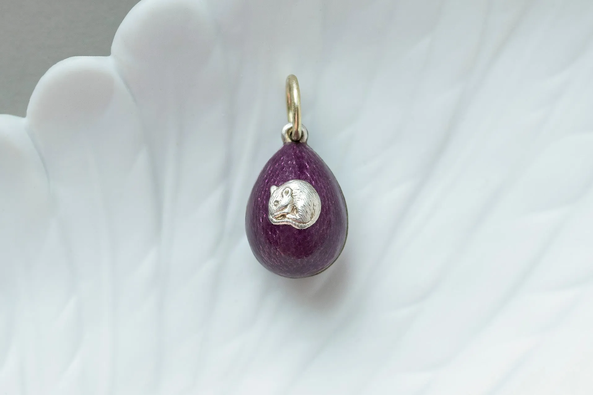 Antique Enamel Egg Pendant with 'Mouse'