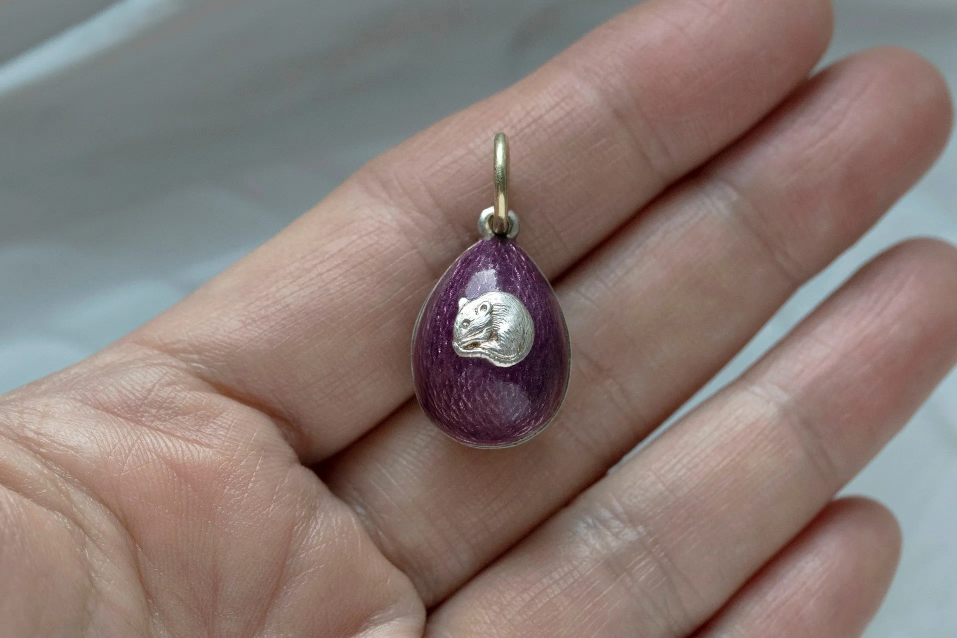 Antique Enamel Egg Pendant with 'Mouse'