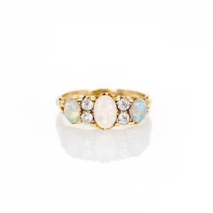 Antique Victorian 18K Yellow Gold Opal Diamond Three Stone Ring
