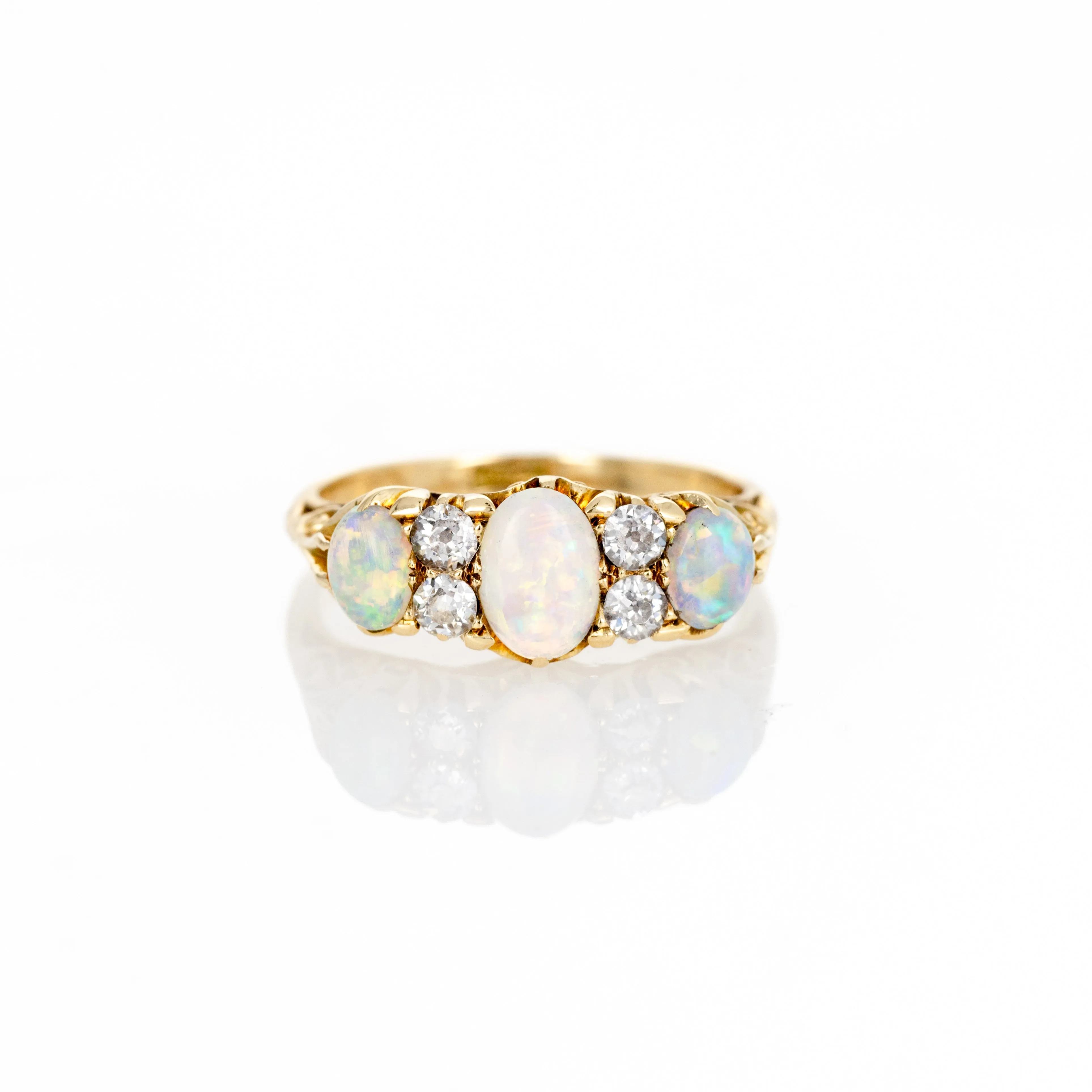 Antique Victorian 18K Yellow Gold Opal Diamond Three Stone Ring