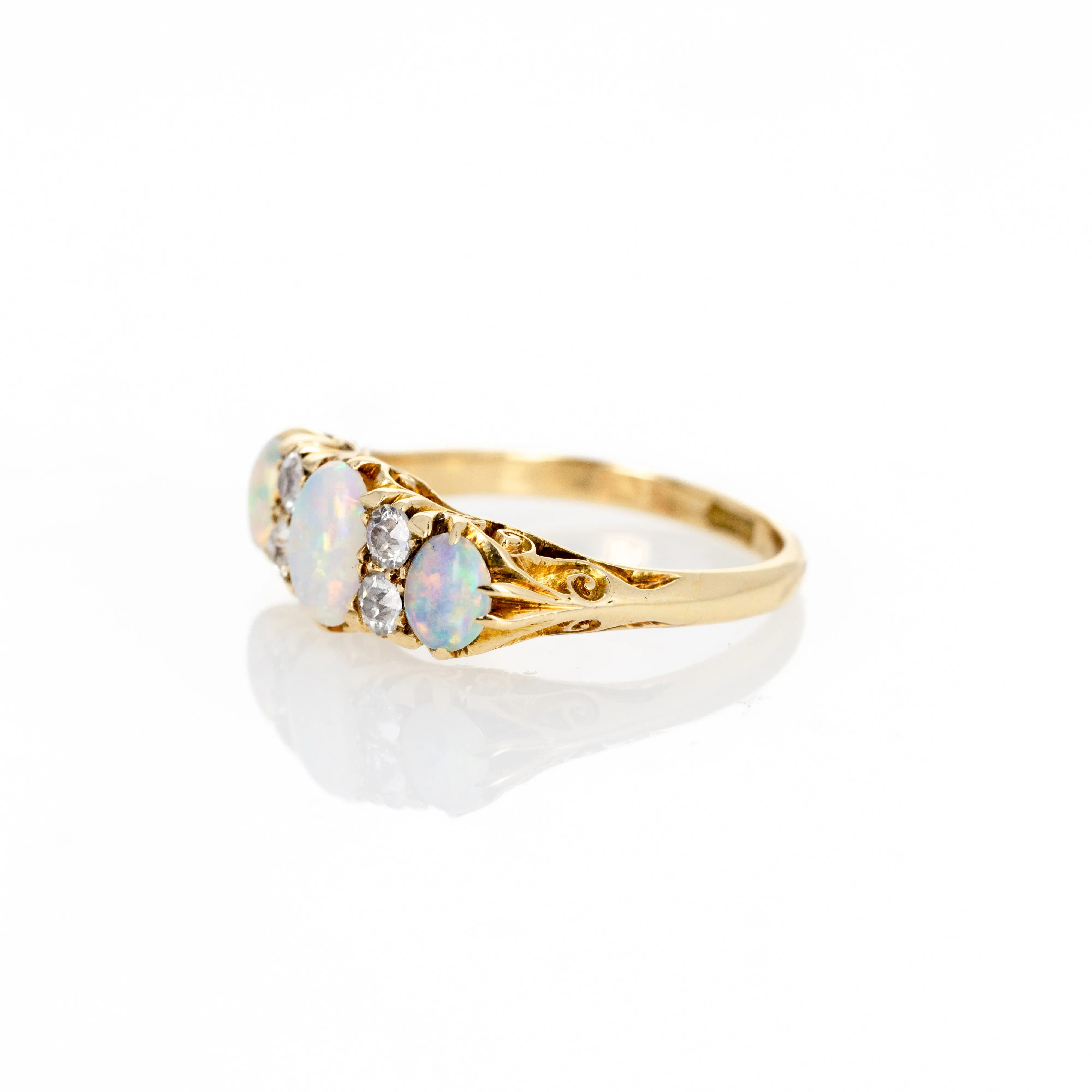 Antique Victorian 18K Yellow Gold Opal Diamond Three Stone Ring
