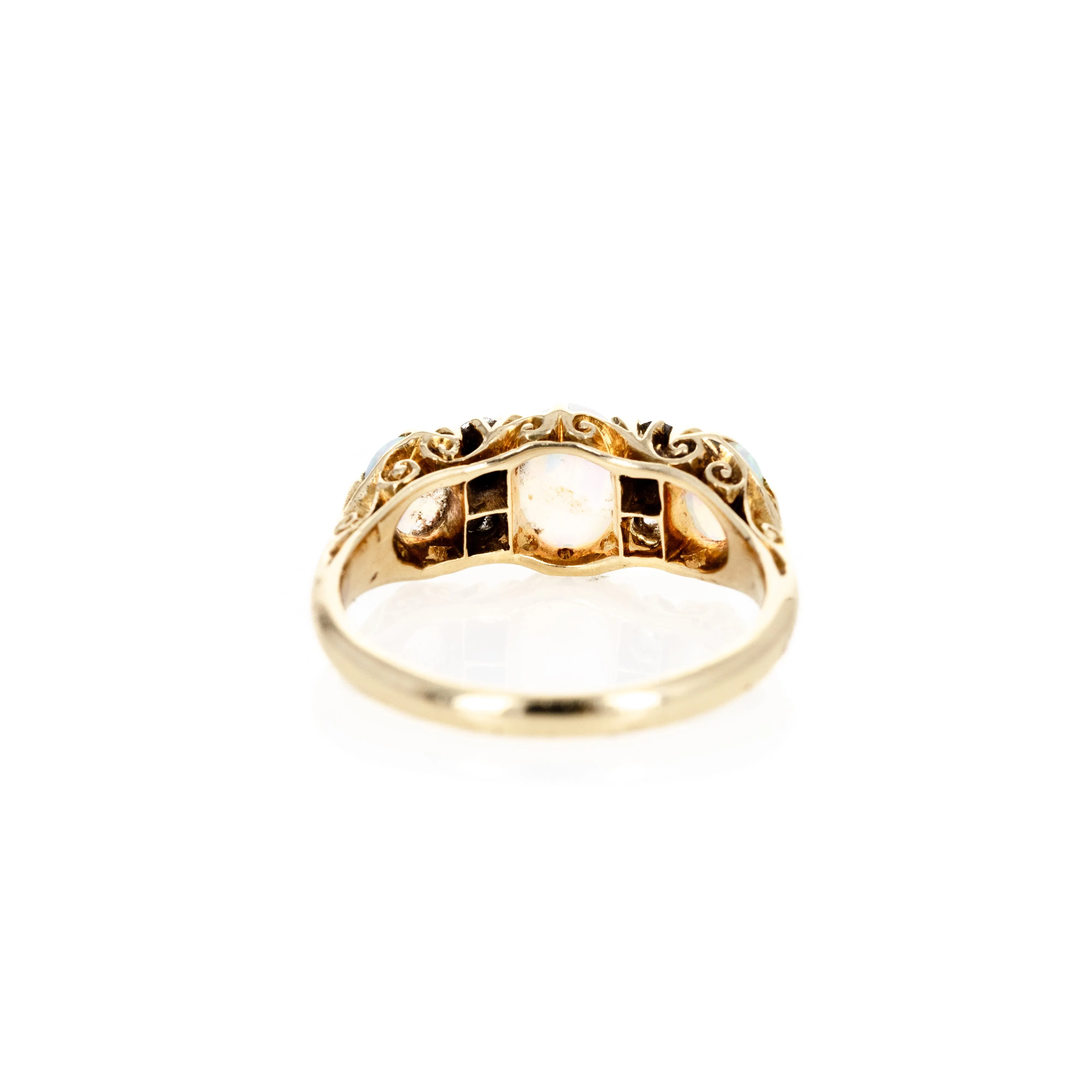 Antique Victorian 18K Yellow Gold Opal Diamond Three Stone Ring