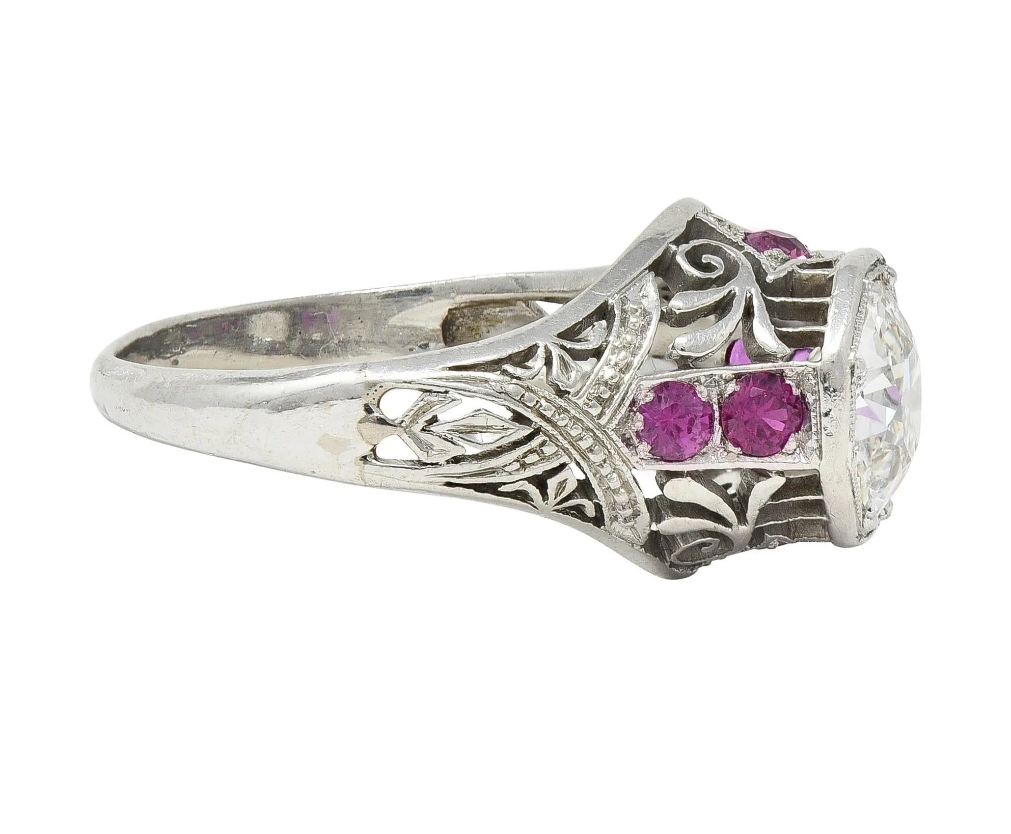 Art Deco 1.36 CTW Diamond Ruby Platinum Octagonal Vintage Engagement Ring