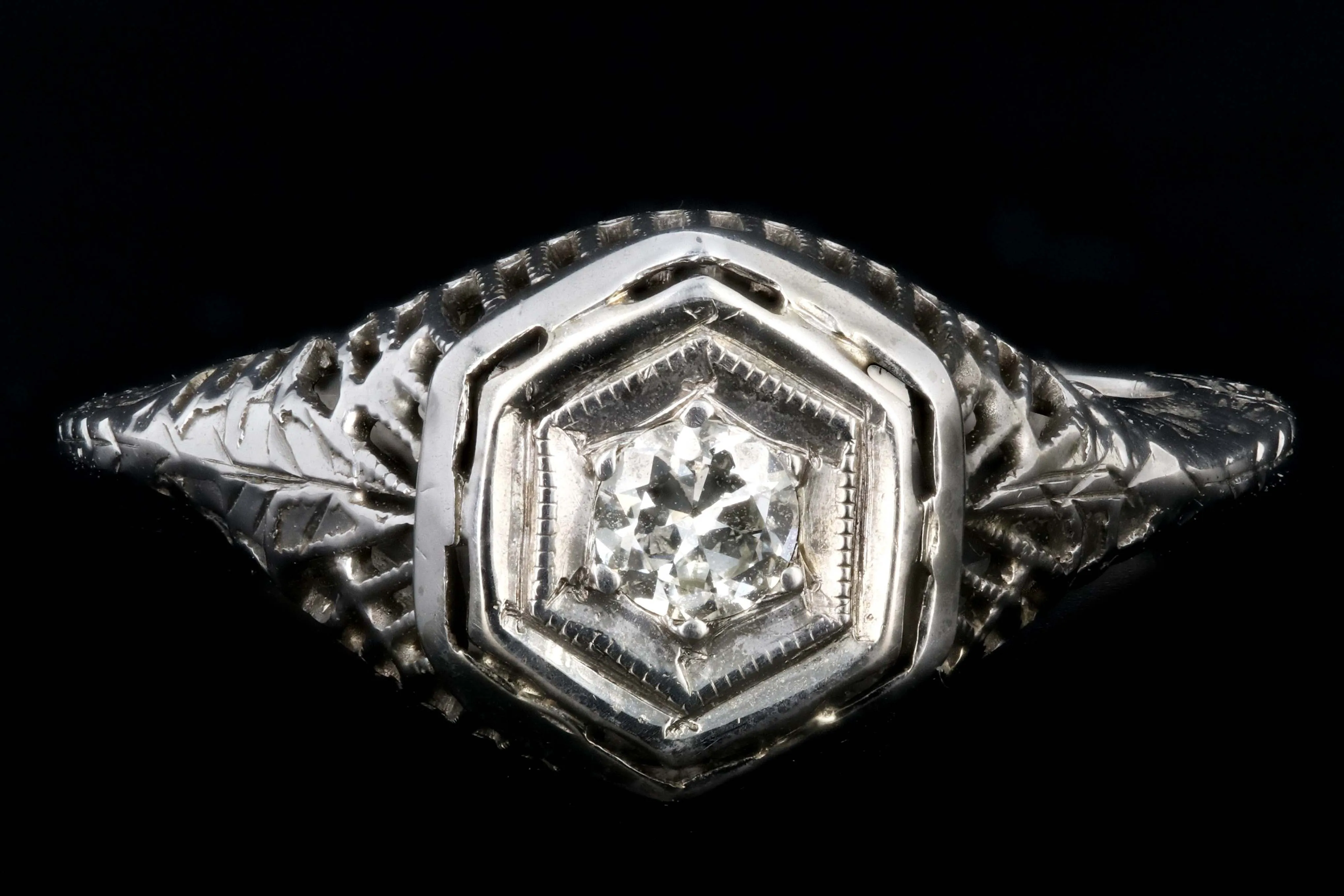 Art Deco 18K White Gold Hexagon Shape Transition Cut .15 Carat Diamond Ring