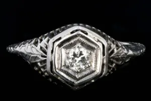 Art Deco 18K White Gold Hexagon Shape Transition Cut .15 Carat Diamond Ring