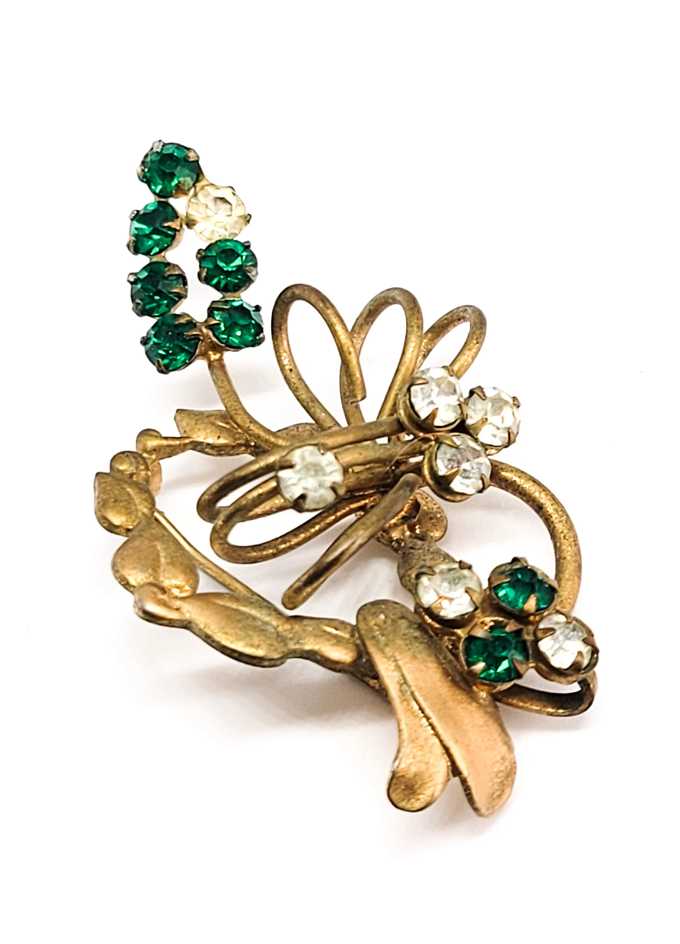 Art Deco brass and dark green rhinestone vintage holiday brooch