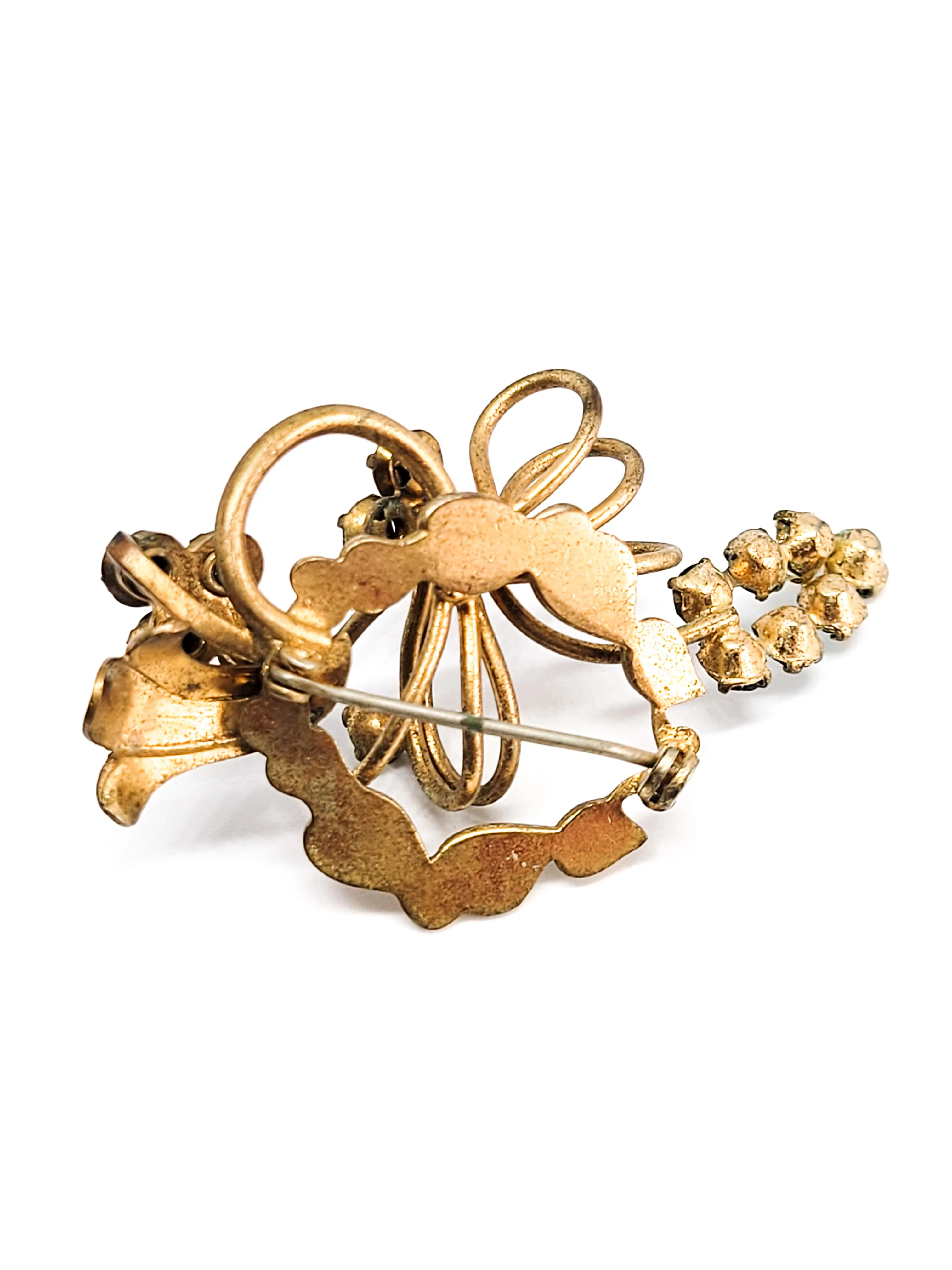 Art Deco brass and dark green rhinestone vintage holiday brooch