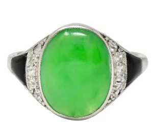 Art Deco Jadeite Jade Diamond Onyx Platinum Vintage Cocktail Ring