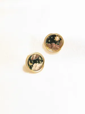 Asymmetric Starry Sky Enamel Pearl Gold Stud Earrings