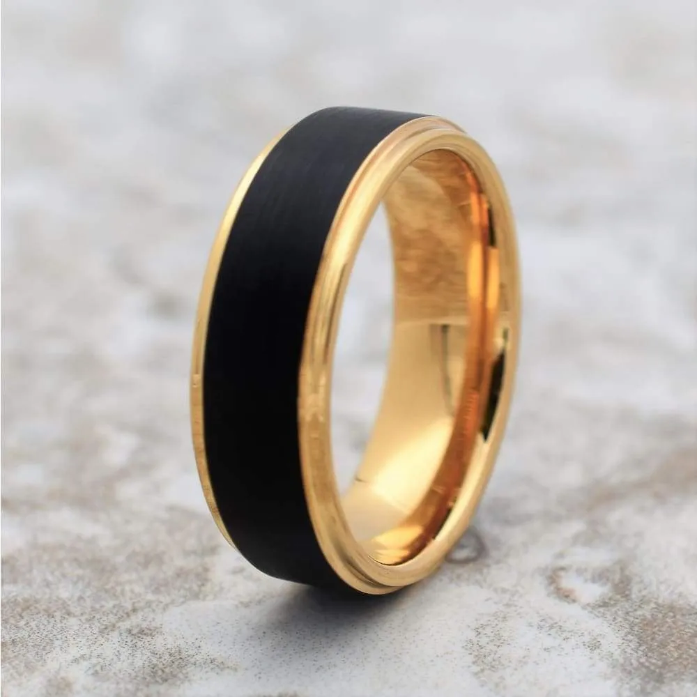 ATLAS Stunning Black Tungsten Carbide Wedding Ring with Yellow Gold Inlay  - 8mm
