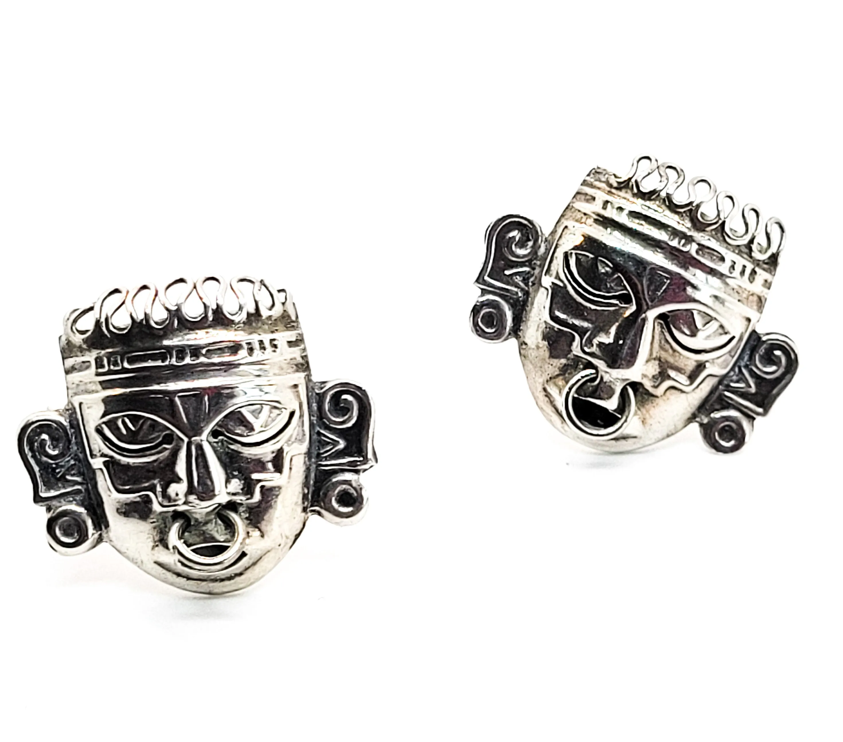 Aztec mask face vintage sterling silver made in Mexico cufflinks articulated nose ring