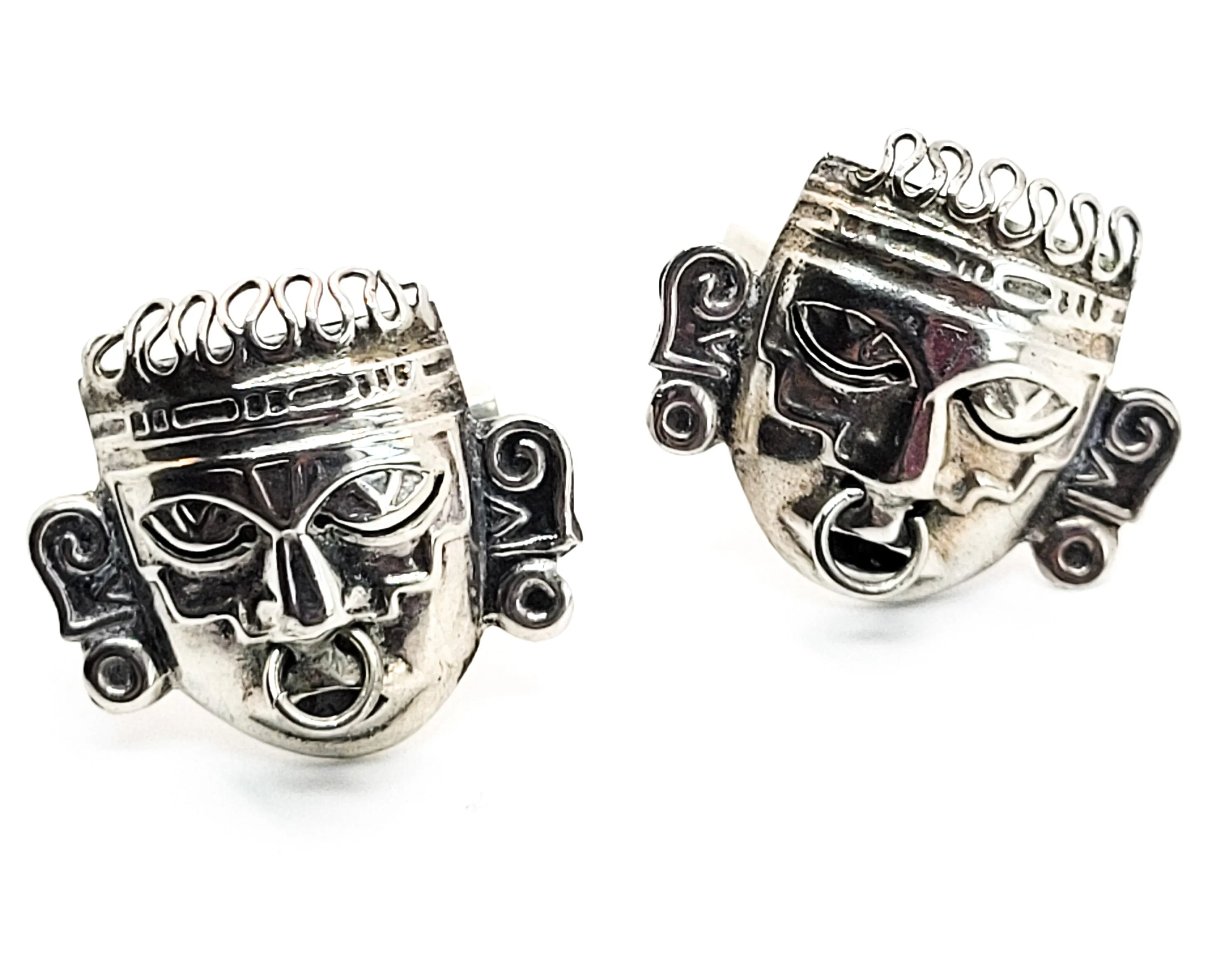 Aztec mask face vintage sterling silver made in Mexico cufflinks articulated nose ring