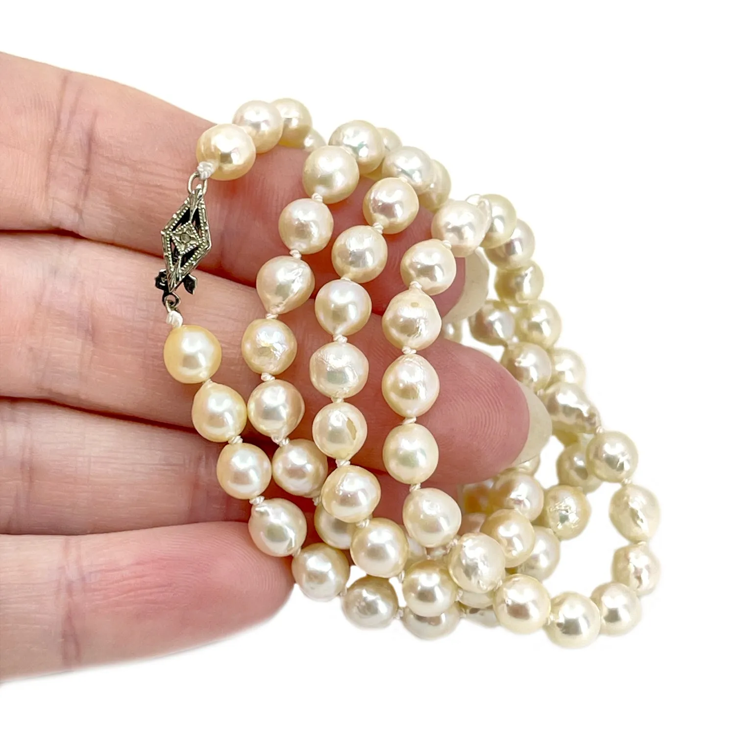 Baroque Diamond Mid-Century Japanese Saltwater Cultured Akoya Pearl Strand - 14K White Gold 21.25 Inch