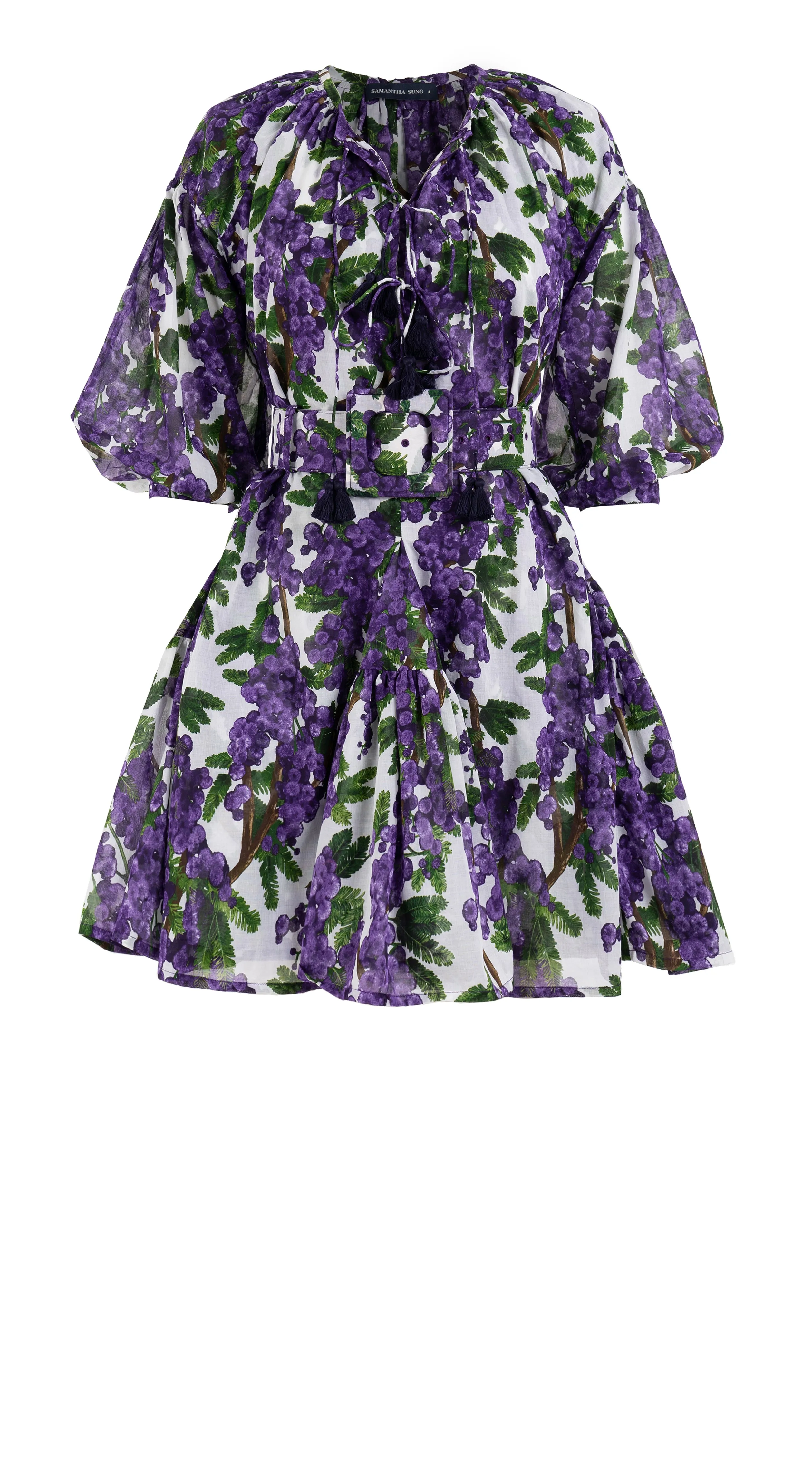 Birdy Dress Crew Neck 3/4 Sleeve with Hamilton Belt Mini Length Cotton Musola (Mimosa Small White)