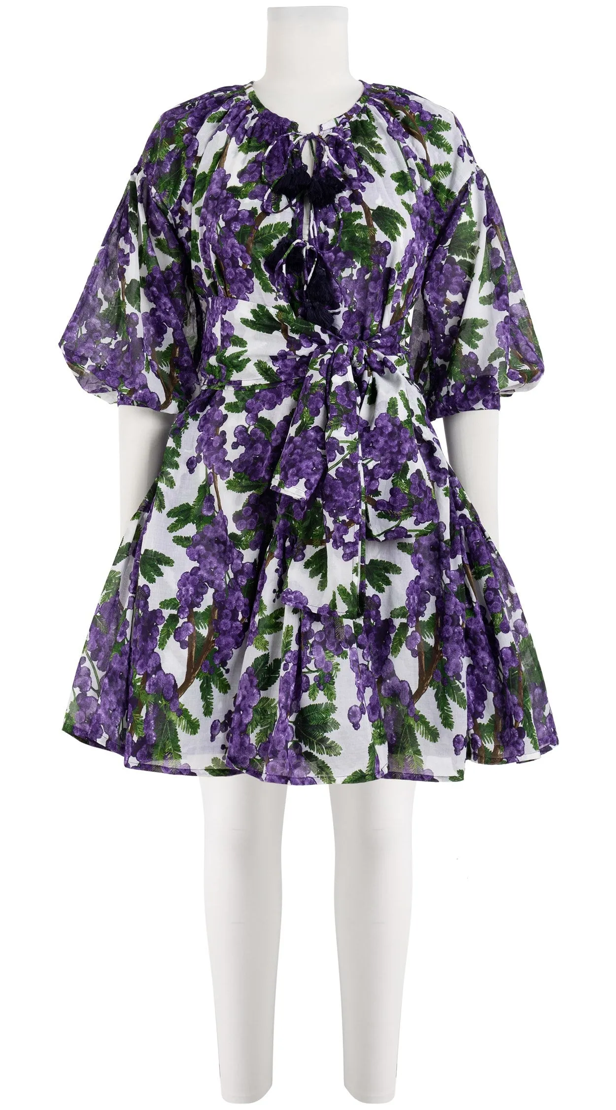 Birdy Dress Crew Neck 3/4 Sleeve with Hamilton Belt Mini Length Cotton Musola (Mimosa Small White)