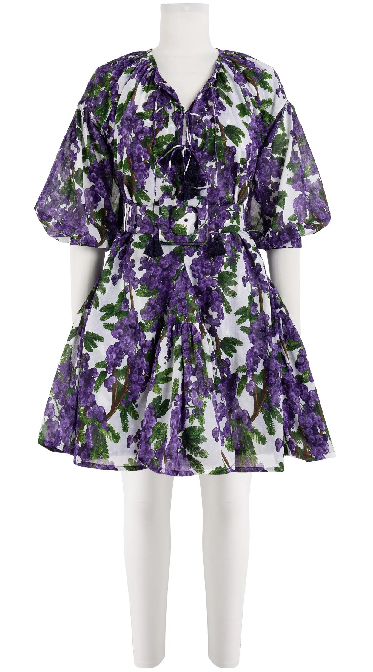 Birdy Dress Crew Neck 3/4 Sleeve with Hamilton Belt Mini Length Cotton Musola (Mimosa Small White)