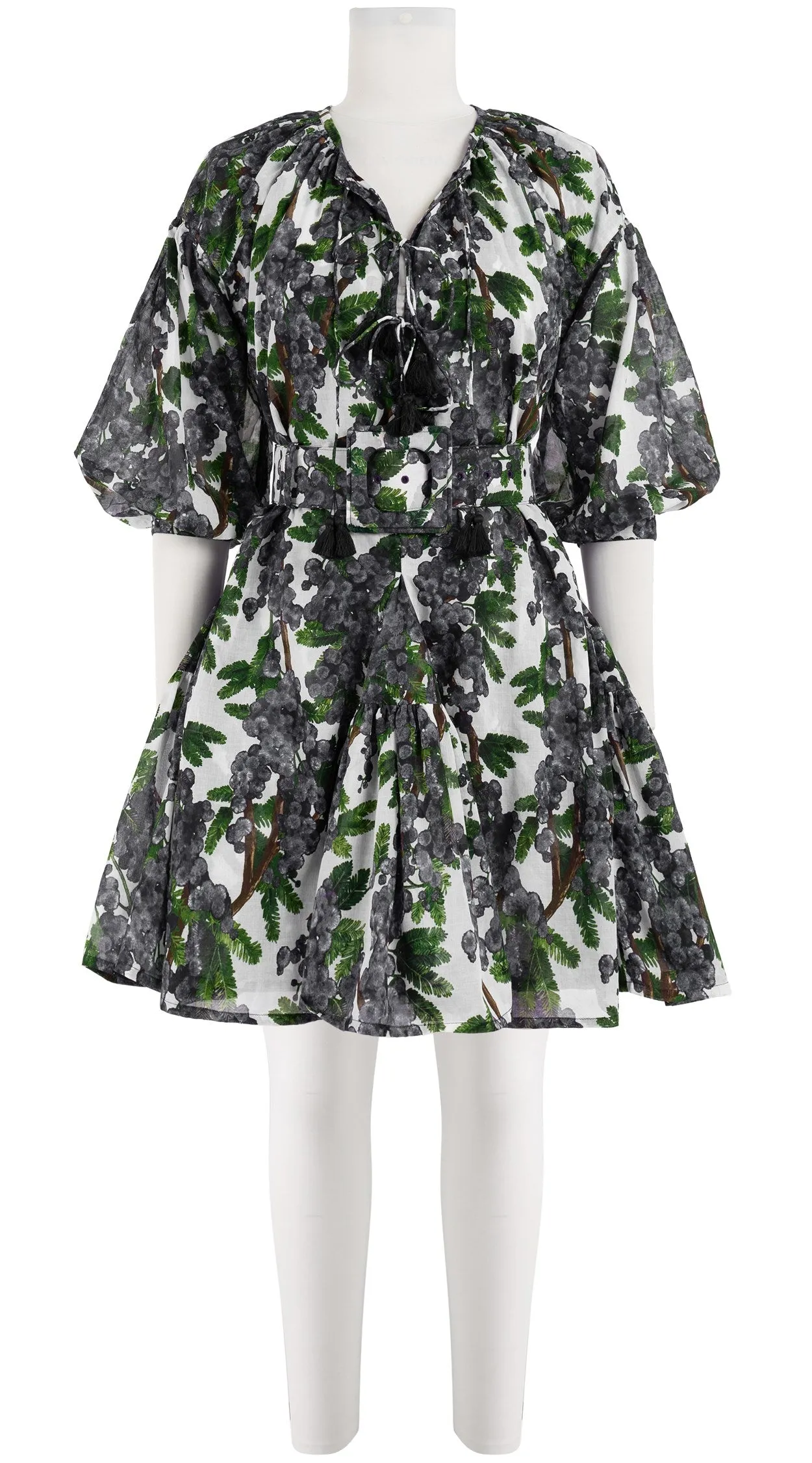 Birdy Dress Crew Neck 3/4 Sleeve with Hamilton Belt Mini Length Cotton Musola (Mimosa Small White)