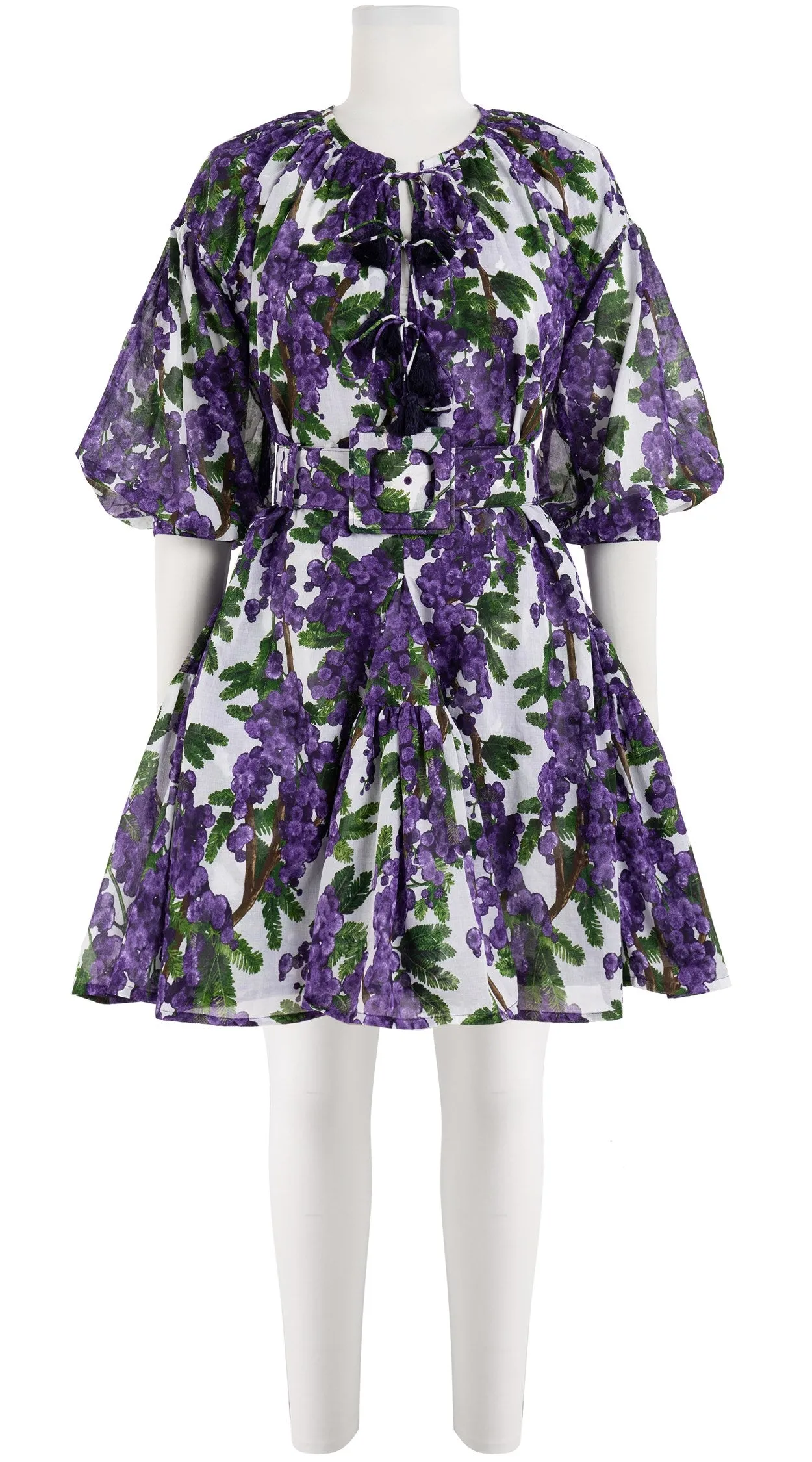 Birdy Dress Crew Neck 3/4 Sleeve with Hamilton Belt Mini Length Cotton Musola (Mimosa Small White)