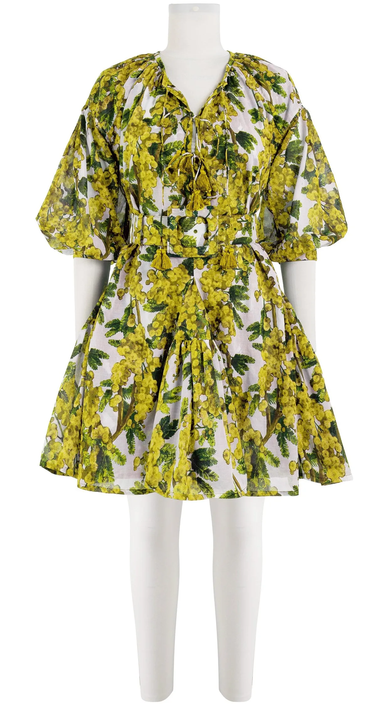 Birdy Dress Crew Neck 3/4 Sleeve with Hamilton Belt Mini Length Cotton Musola (Mimosa Small White)