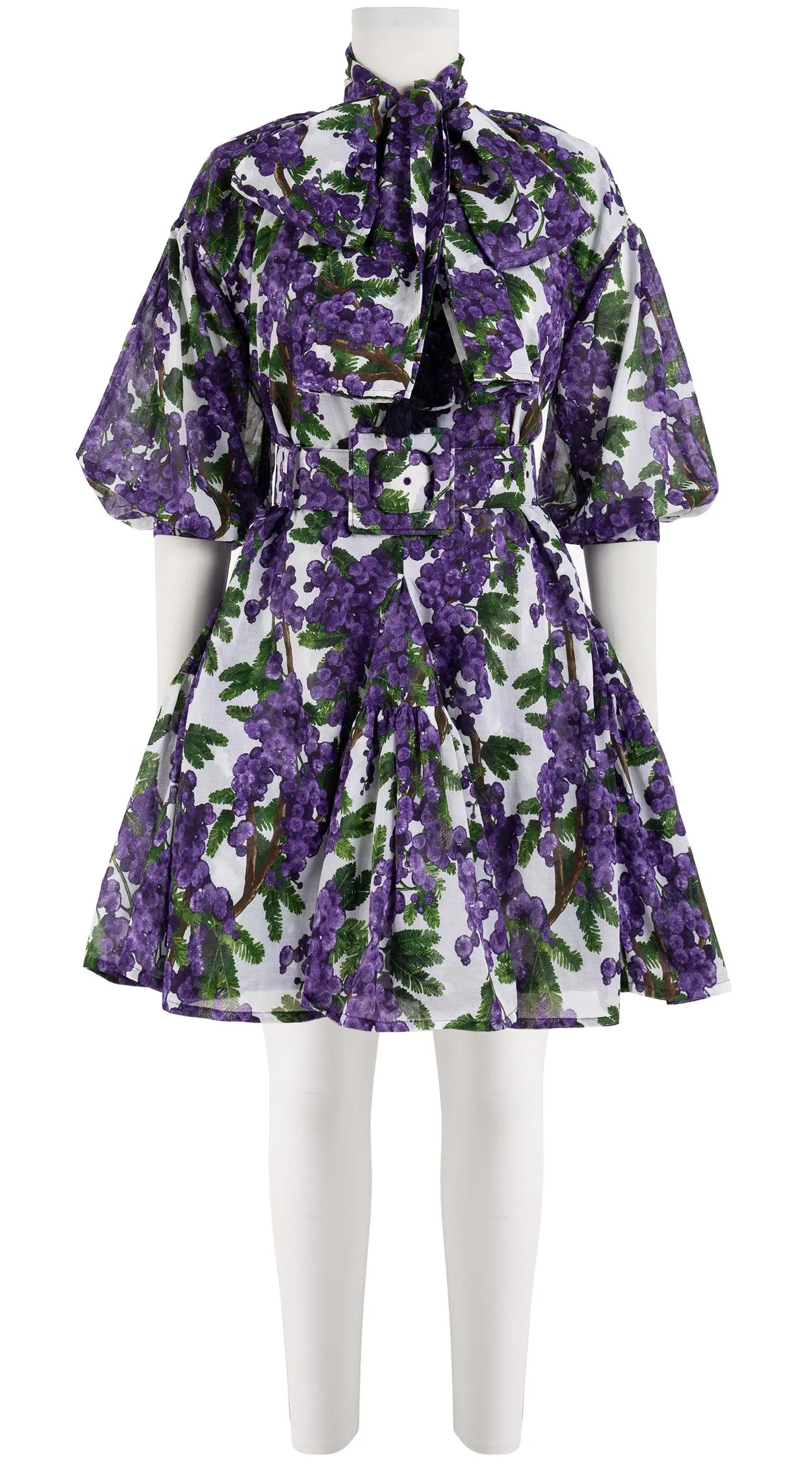 Birdy Dress Crew Neck 3/4 Sleeve with Hamilton Belt Mini Length Cotton Musola (Mimosa Small White)