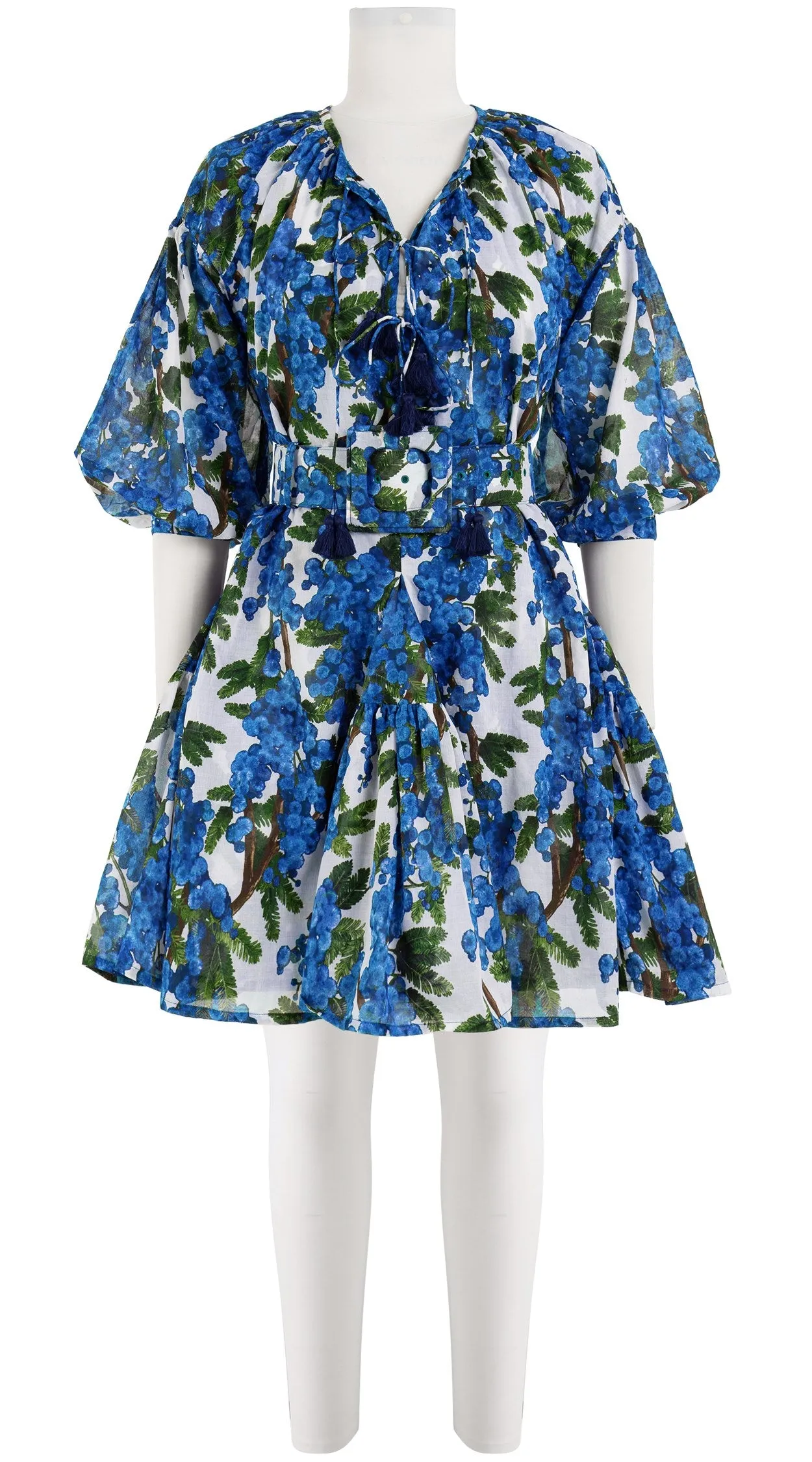 Birdy Dress Crew Neck 3/4 Sleeve with Hamilton Belt Mini Length Cotton Musola (Mimosa Small White)