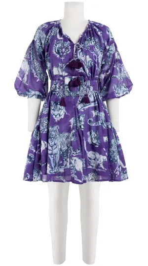 Birdy Dress Crew Neck 3/4 Sleeve with Hamilton Belt Mini Length Cotton Musola (Tiger Toile Bright)