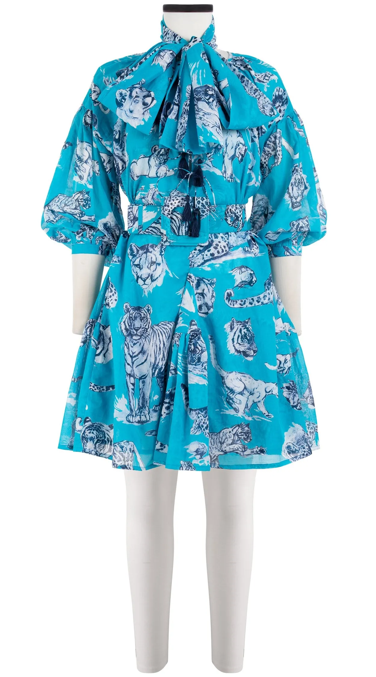 Birdy Dress Crew Neck 3/4 Sleeve with Hamilton Belt Mini Length Cotton Musola (Tiger Toile Bright)
