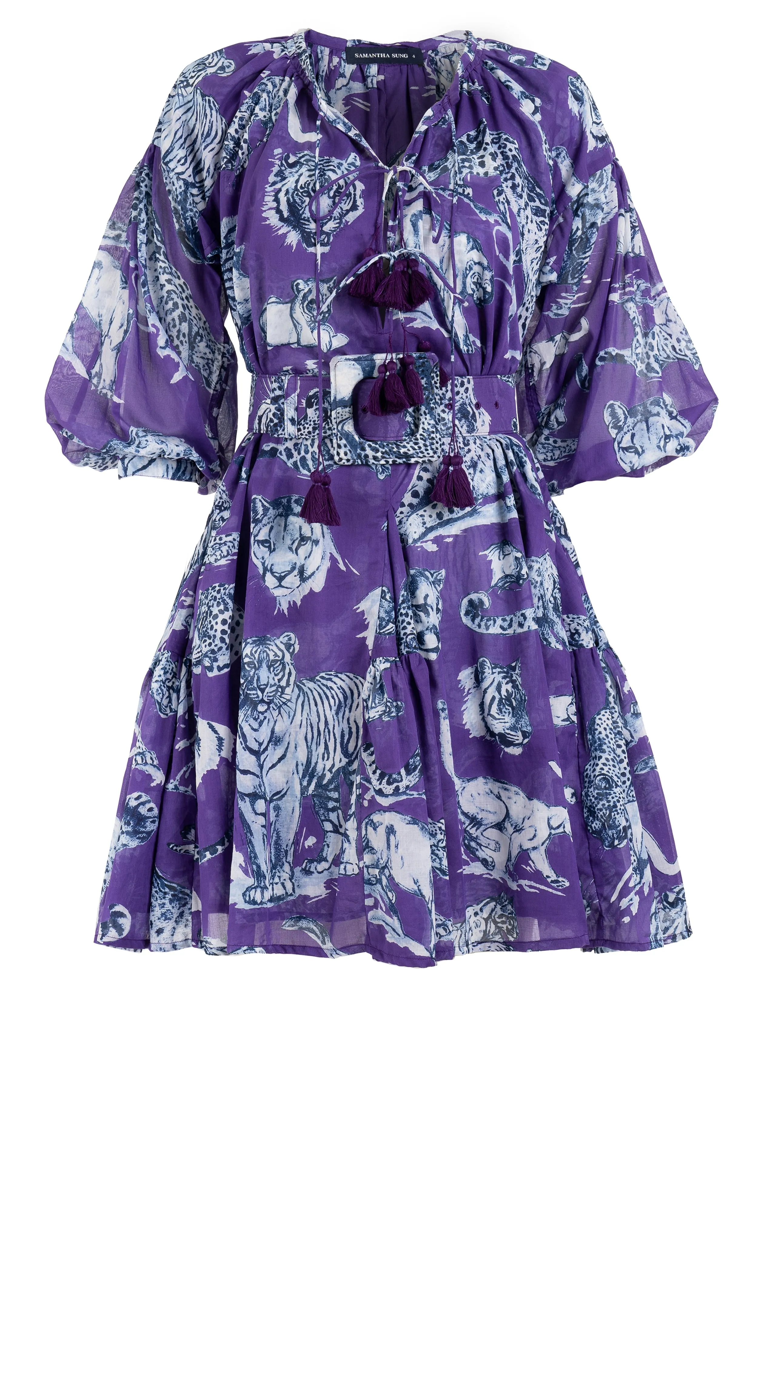 Birdy Dress Crew Neck 3/4 Sleeve with Hamilton Belt Mini Length Cotton Musola (Tiger Toile Bright)