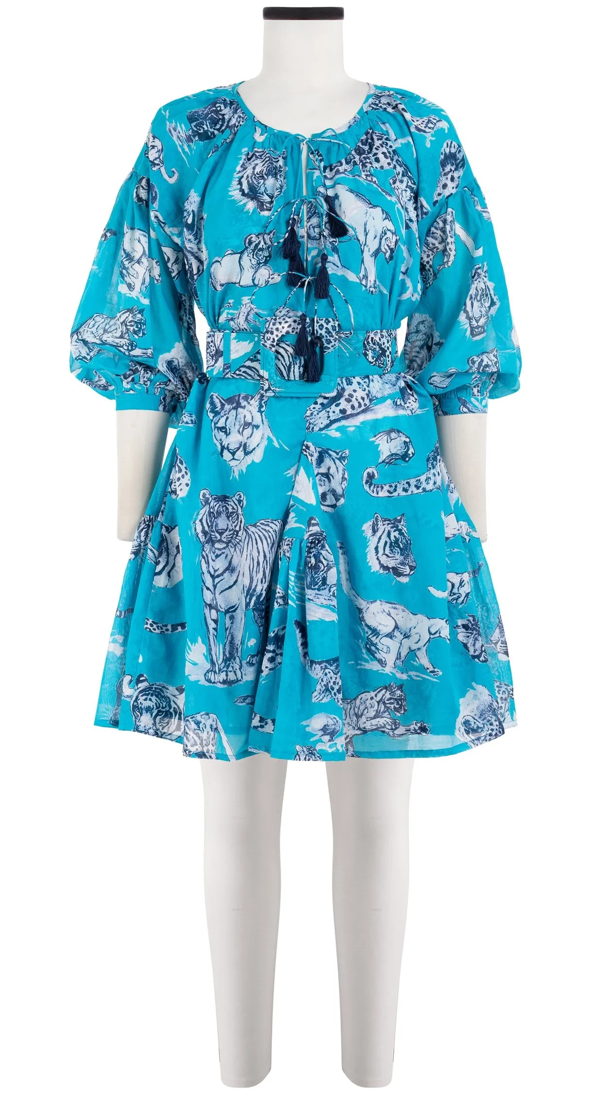 Birdy Dress Crew Neck 3/4 Sleeve with Hamilton Belt Mini Length Cotton Musola (Tiger Toile Bright)