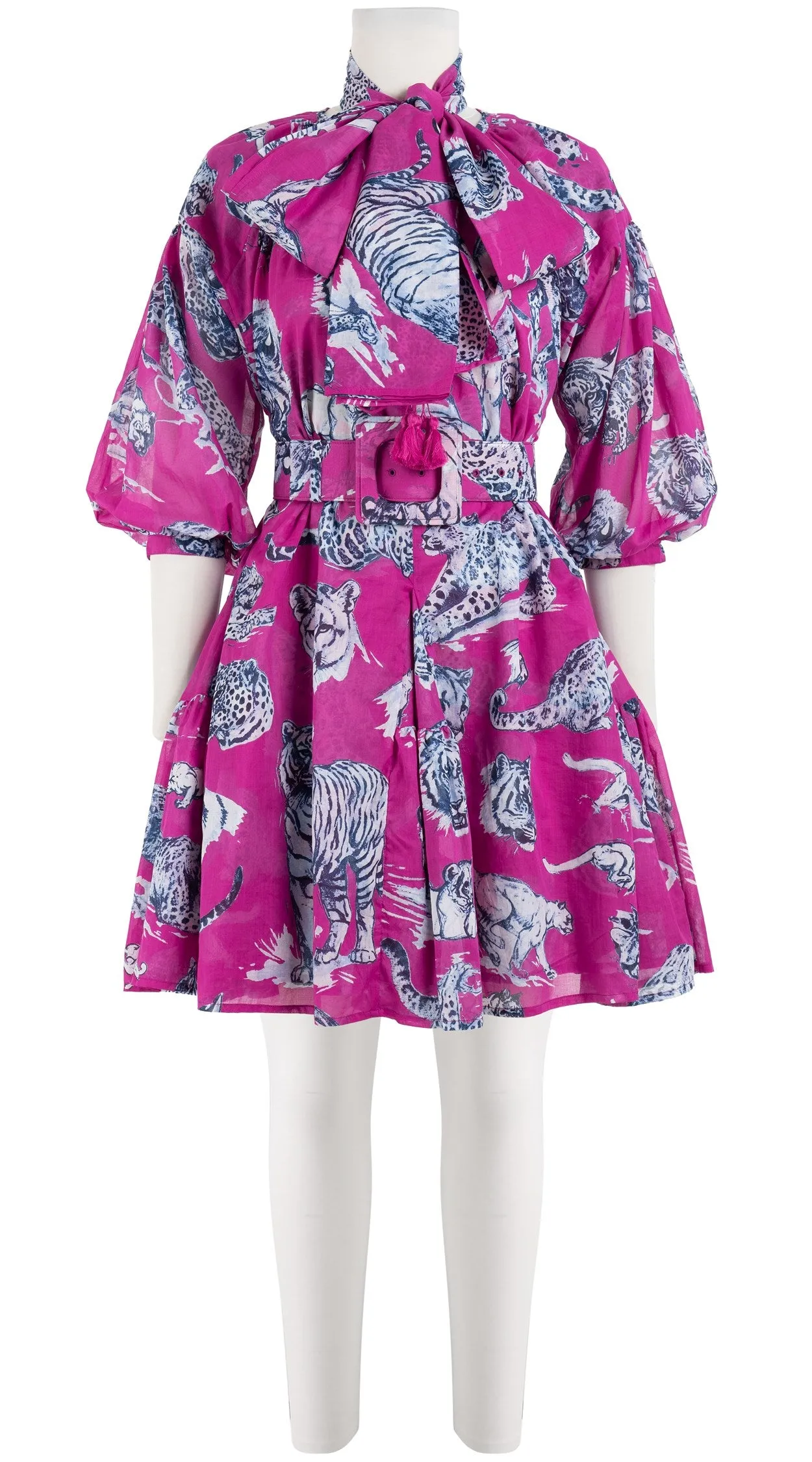 Birdy Dress Crew Neck 3/4 Sleeve with Hamilton Belt Mini Length Cotton Musola (Tiger Toile Bright)