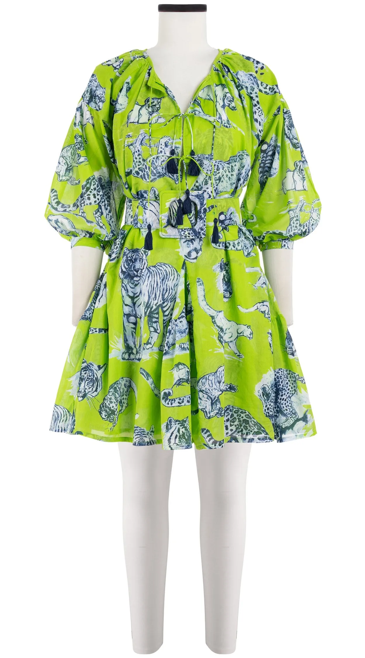 Birdy Dress Crew Neck 3/4 Sleeve with Hamilton Belt Mini Length Cotton Musola (Tiger Toile Bright)