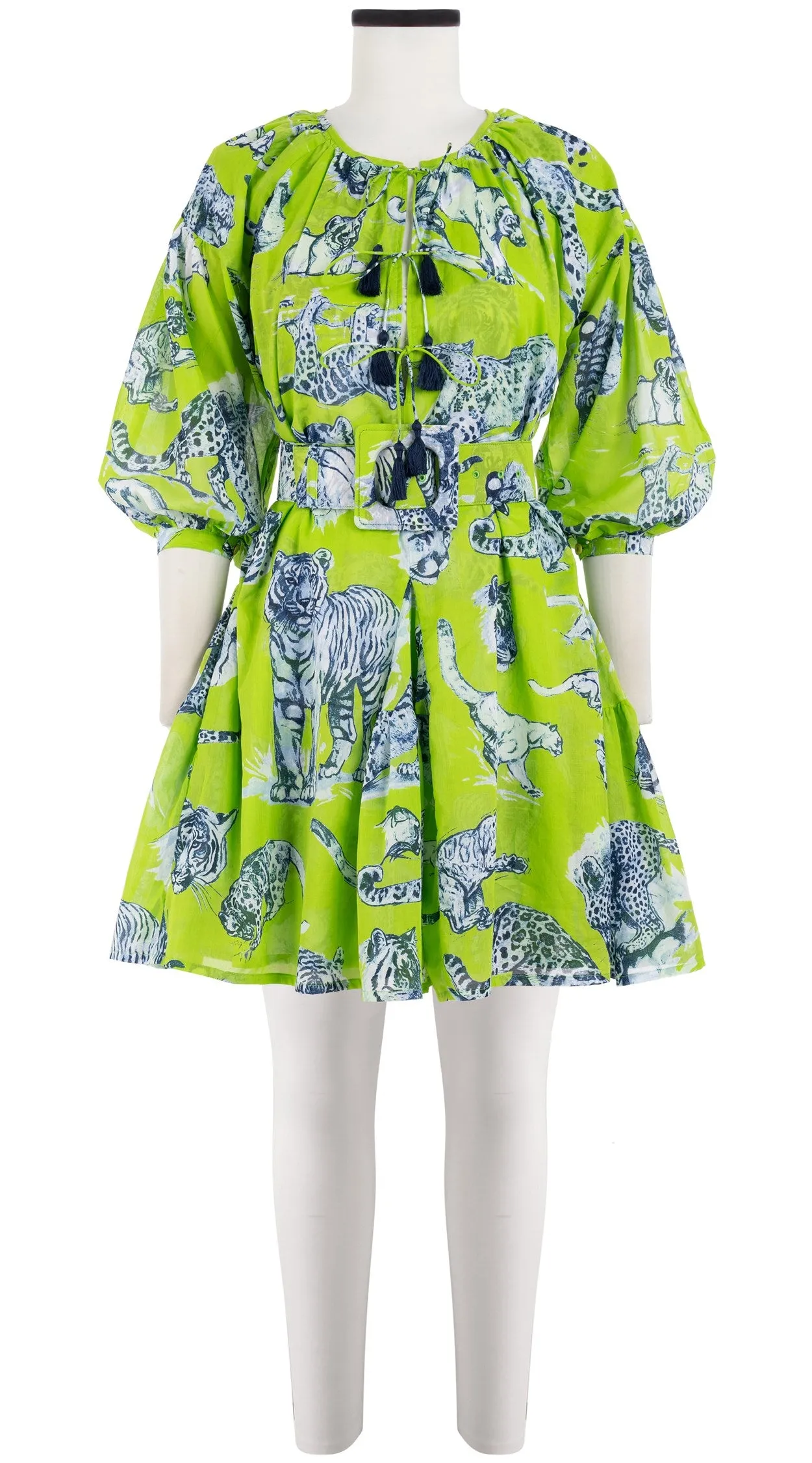 Birdy Dress Crew Neck 3/4 Sleeve with Hamilton Belt Mini Length Cotton Musola (Tiger Toile Bright)
