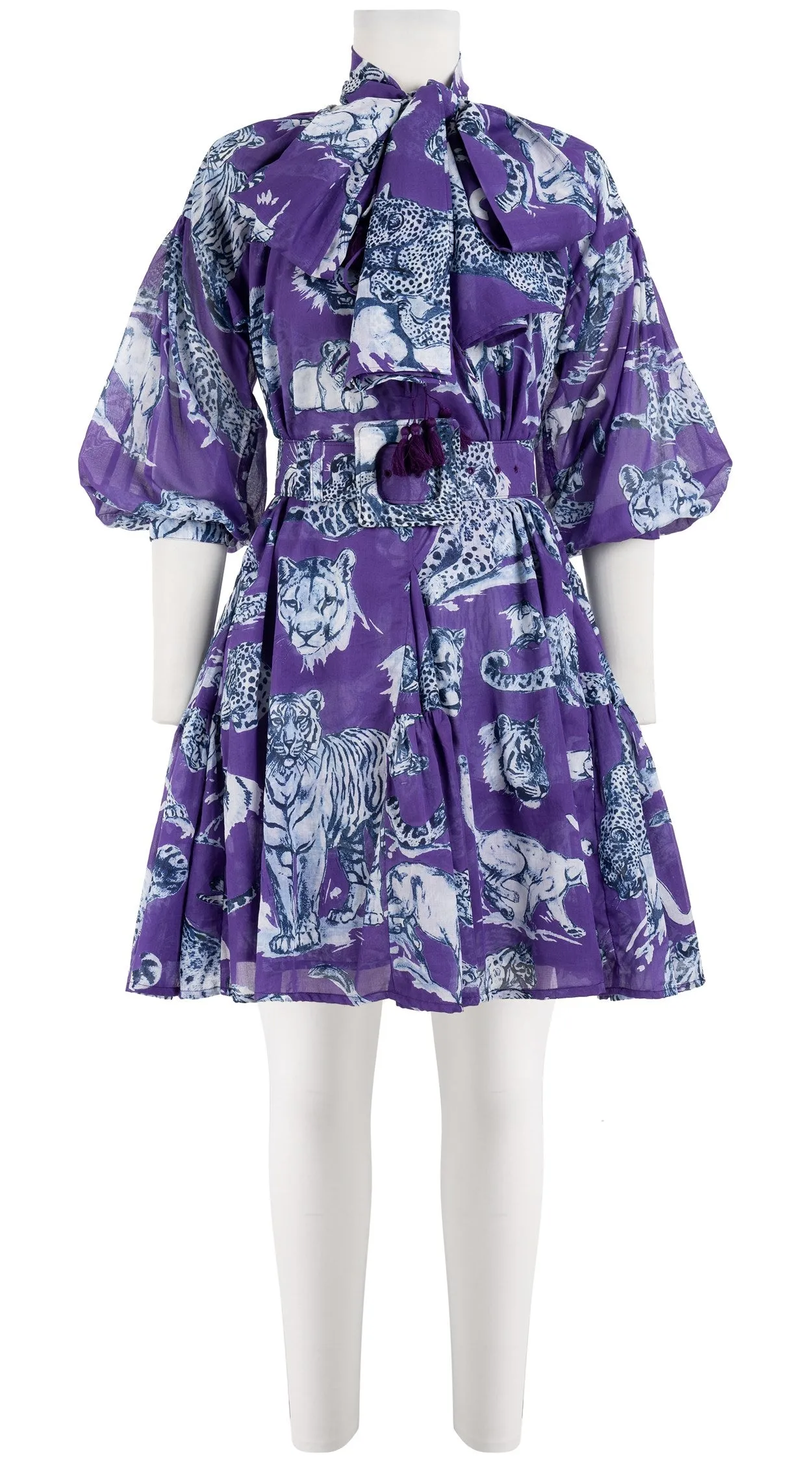 Birdy Dress Crew Neck 3/4 Sleeve with Hamilton Belt Mini Length Cotton Musola (Tiger Toile Bright)