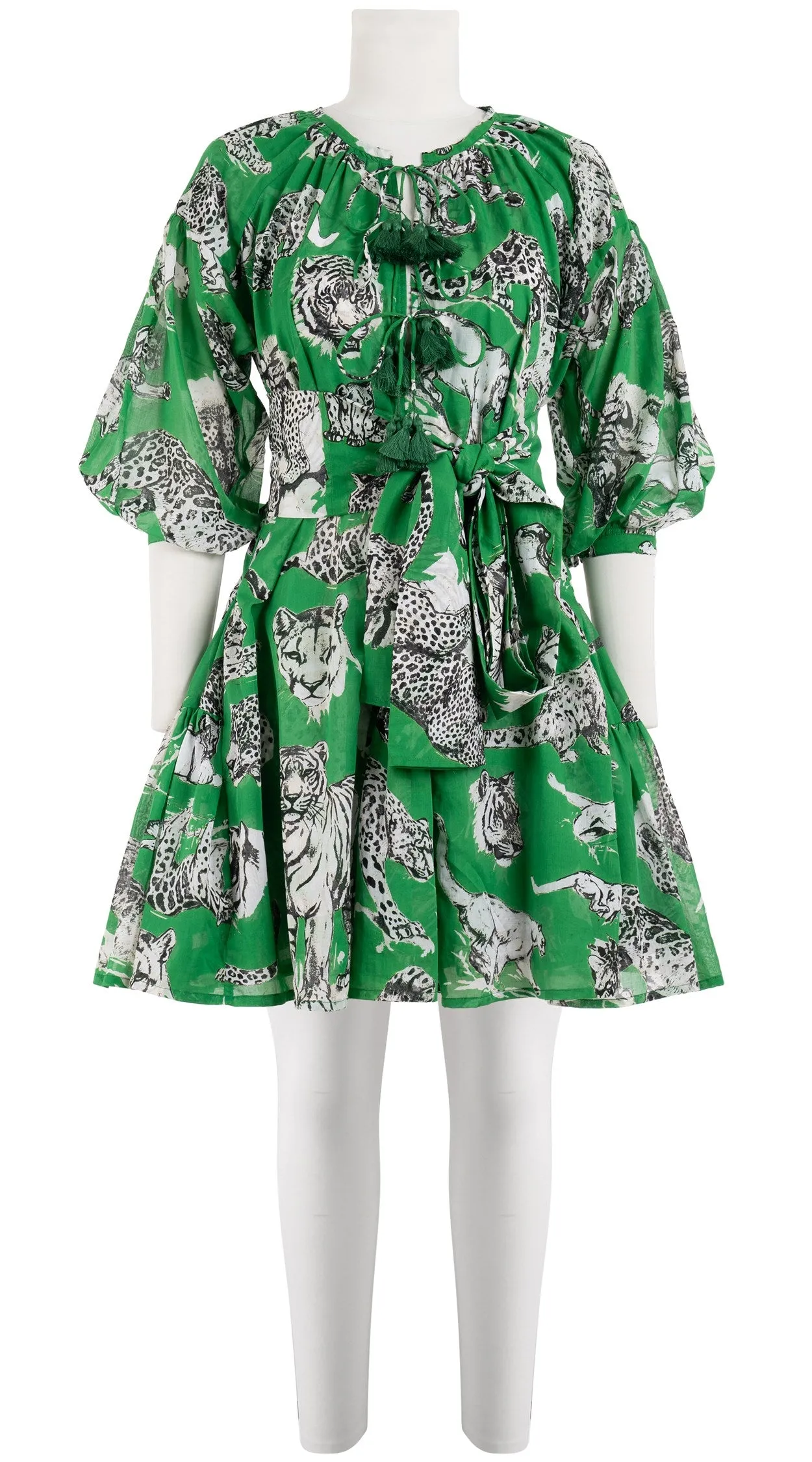 Birdy Dress Crew Neck 3/4 Sleeve with Hamilton Belt Mini Length Cotton Musola (Tiger Toile Bright)