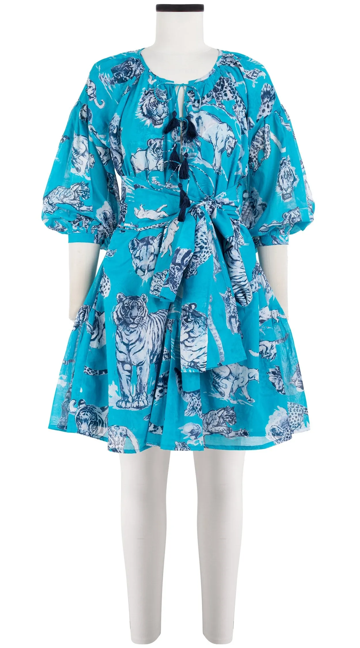 Birdy Dress Crew Neck 3/4 Sleeve with Hamilton Belt Mini Length Cotton Musola (Tiger Toile Bright)