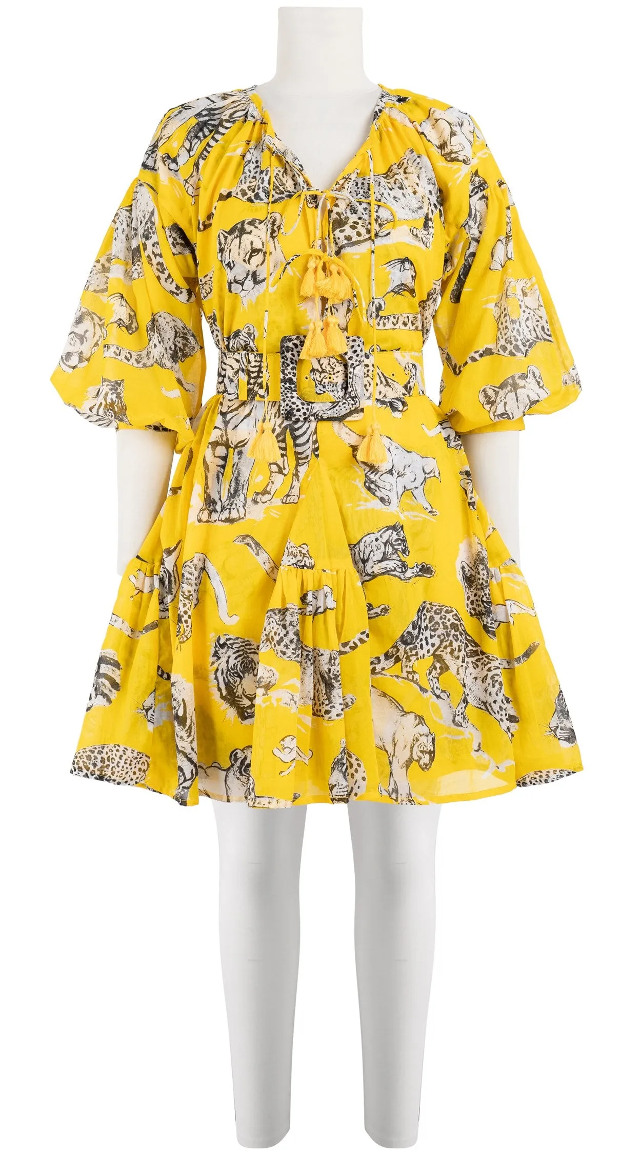 Birdy Dress Crew Neck 3/4 Sleeve with Hamilton Belt Mini Length Cotton Musola (Tiger Toile Bright)