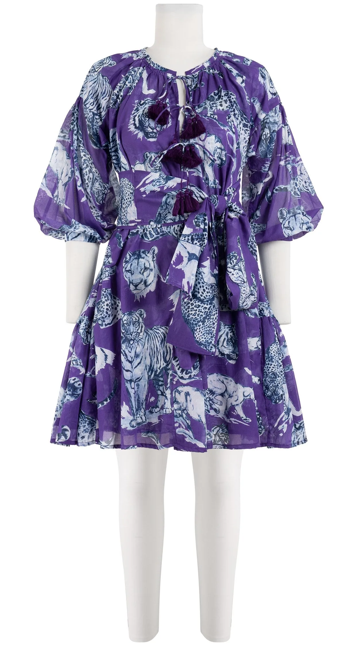 Birdy Dress Crew Neck 3/4 Sleeve with Hamilton Belt Mini Length Cotton Musola (Tiger Toile Bright)