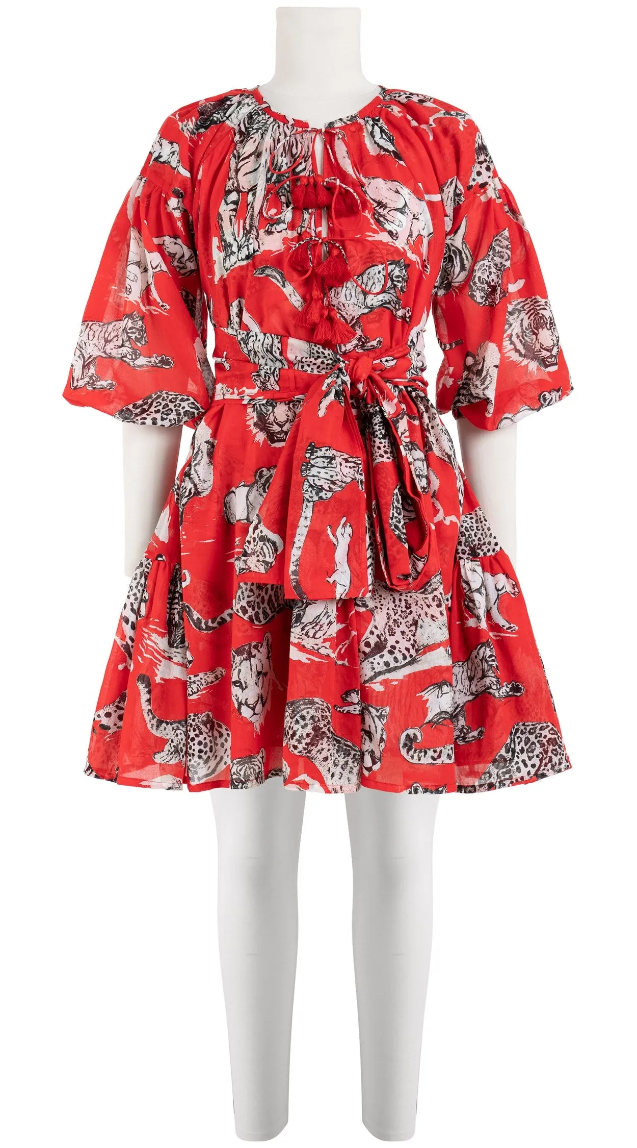 Birdy Dress Crew Neck 3/4 Sleeve with Hamilton Belt Mini Length Cotton Musola (Tiger Toile Bright)