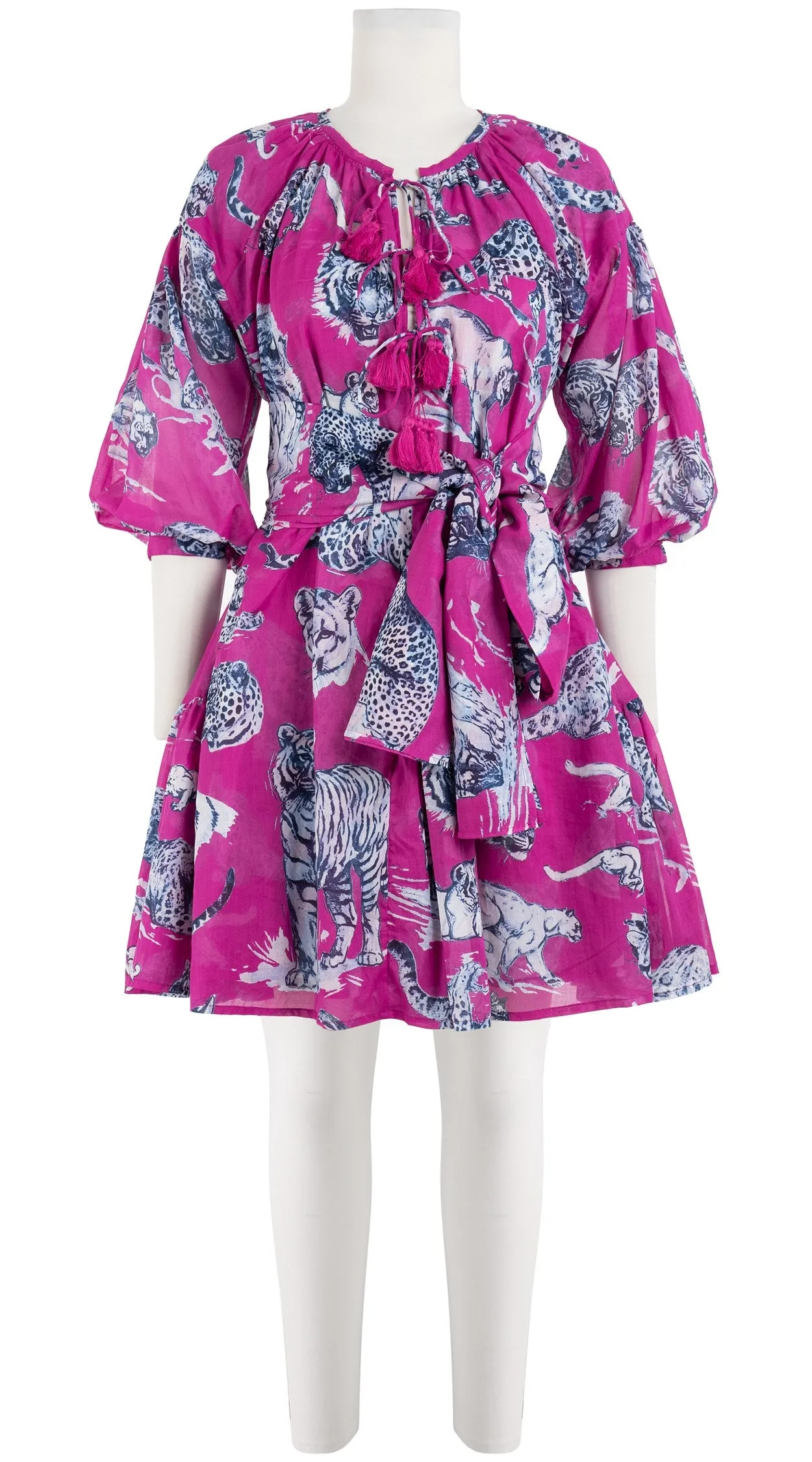Birdy Dress Crew Neck 3/4 Sleeve with Hamilton Belt Mini Length Cotton Musola (Tiger Toile Bright)