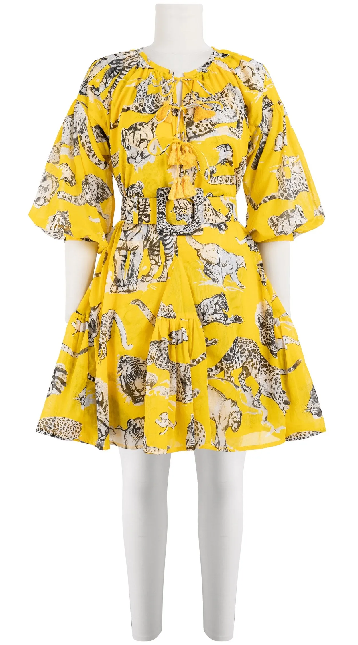 Birdy Dress Crew Neck 3/4 Sleeve with Hamilton Belt Mini Length Cotton Musola (Tiger Toile Bright)