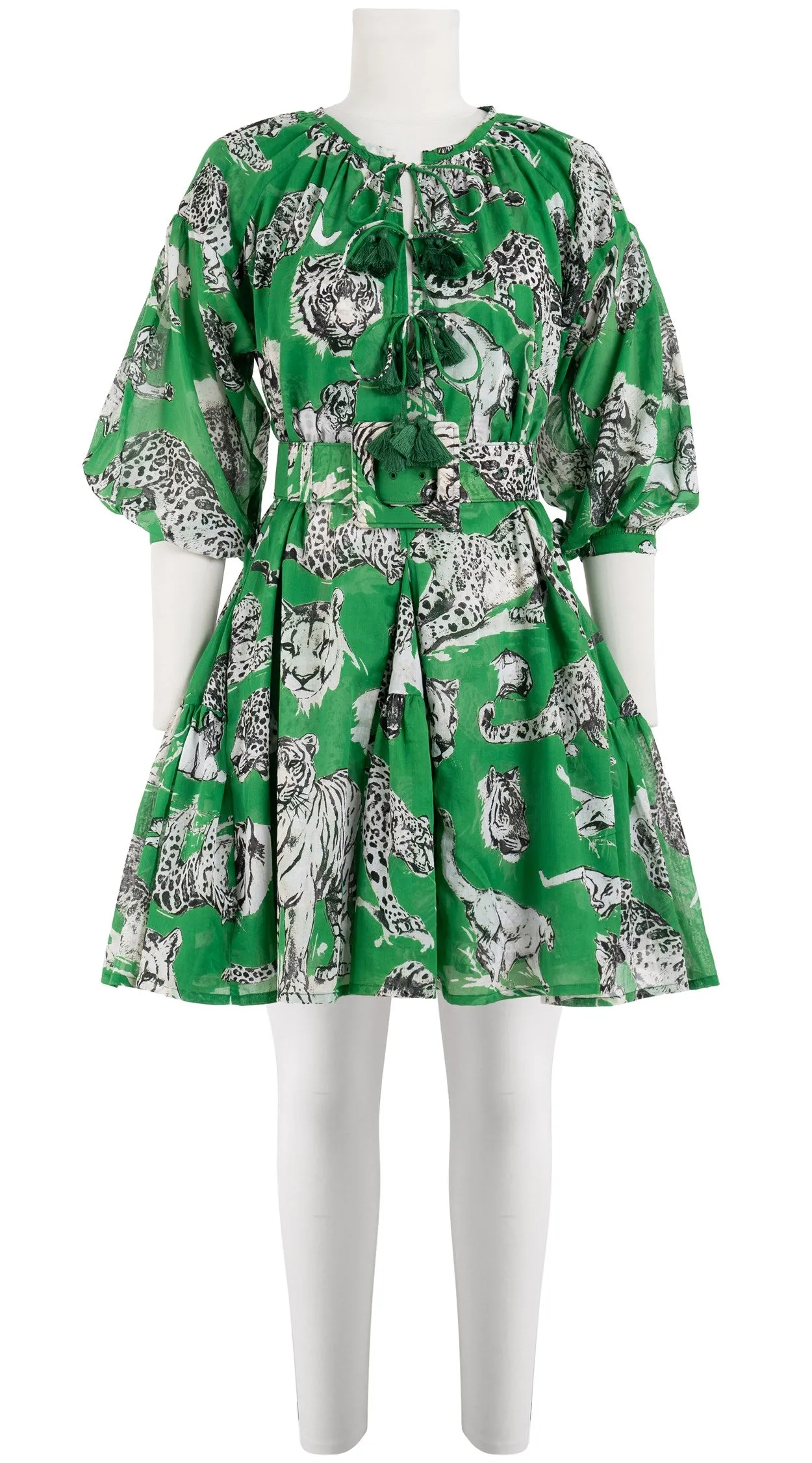 Birdy Dress Crew Neck 3/4 Sleeve with Hamilton Belt Mini Length Cotton Musola (Tiger Toile Bright)