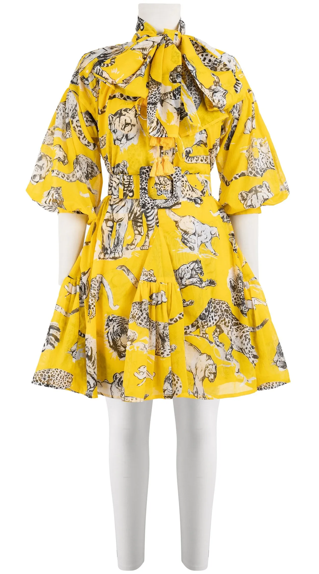 Birdy Dress Crew Neck 3/4 Sleeve with Hamilton Belt Mini Length Cotton Musola (Tiger Toile Bright)
