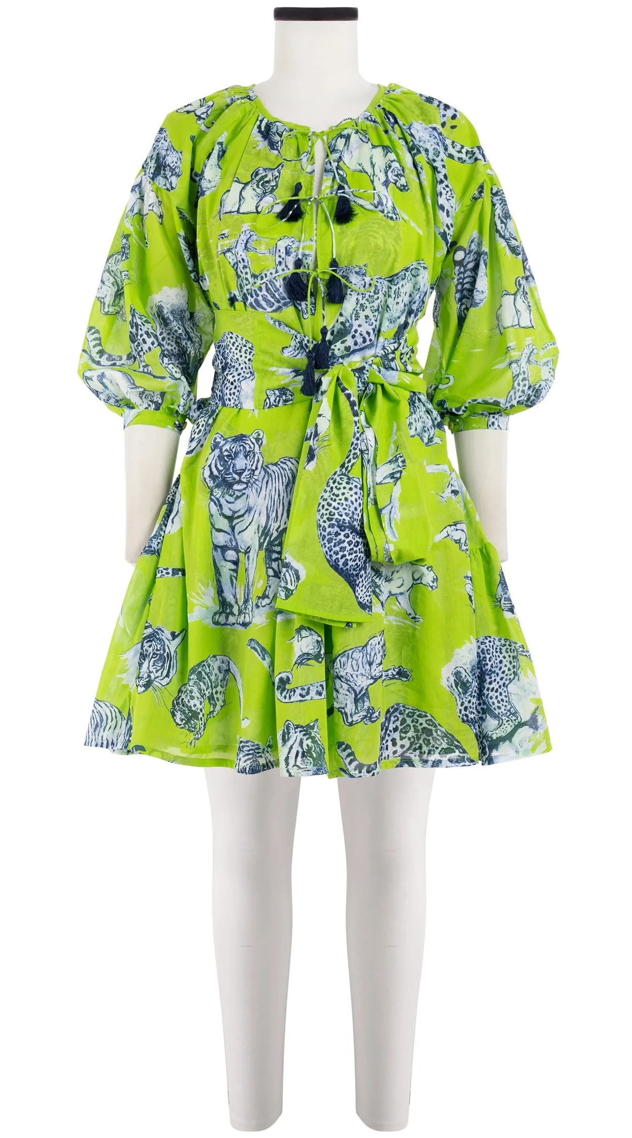 Birdy Dress Crew Neck 3/4 Sleeve with Hamilton Belt Mini Length Cotton Musola (Tiger Toile Bright)