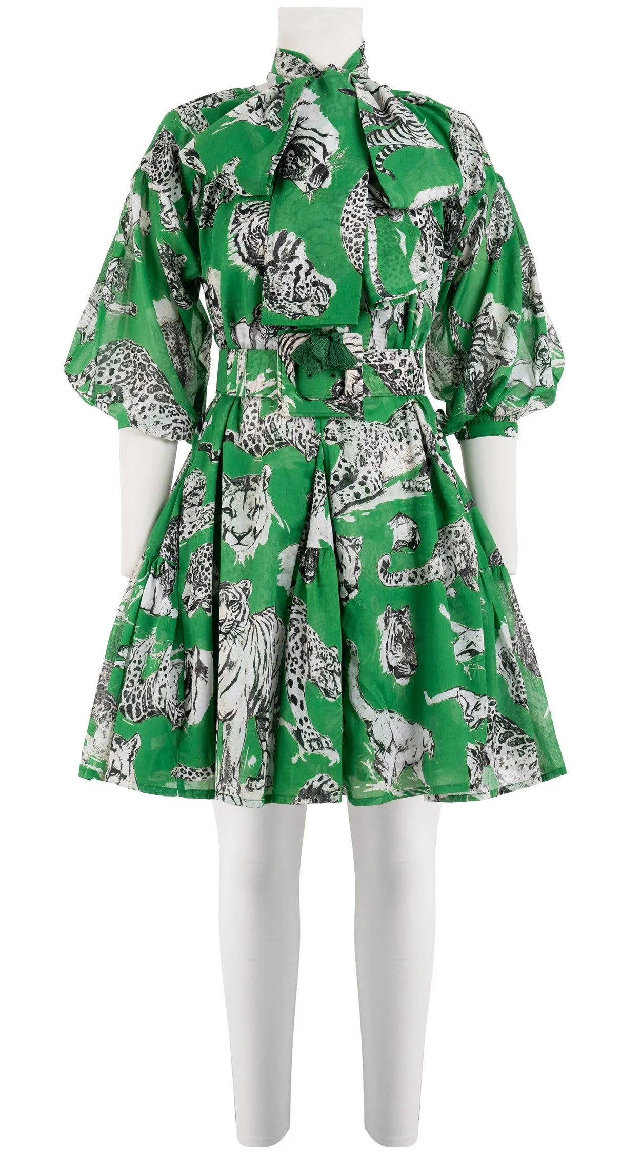 Birdy Dress Crew Neck 3/4 Sleeve with Hamilton Belt Mini Length Cotton Musola (Tiger Toile Bright)